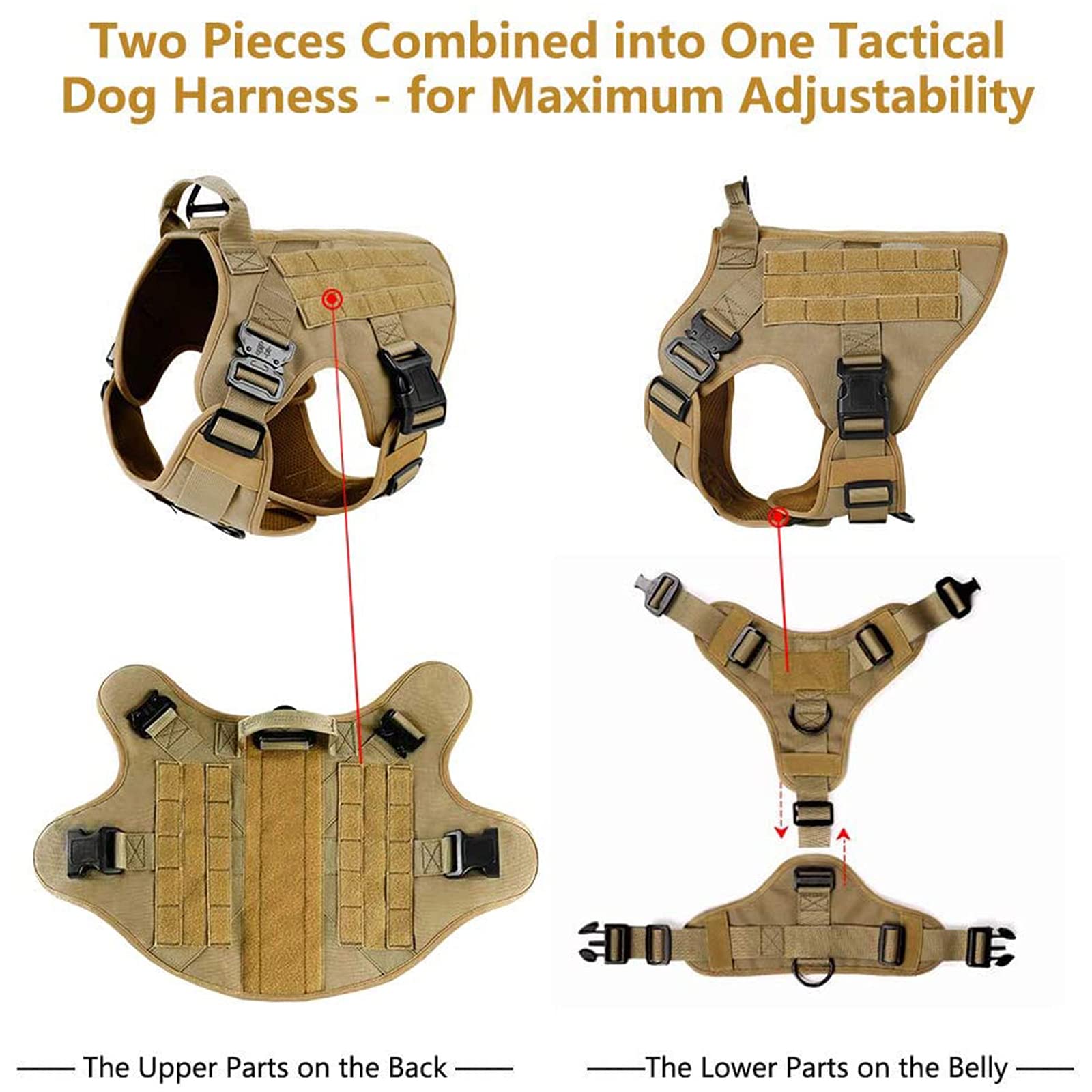 Imbracatura per Gilet Tattico con Guinzaglio Elastico, Imbracatura per Gilet per Cani di Servizio con Maniglia, Imbracatura Militare Senza Trazione Gilet per Cani Militare,Marrone,M