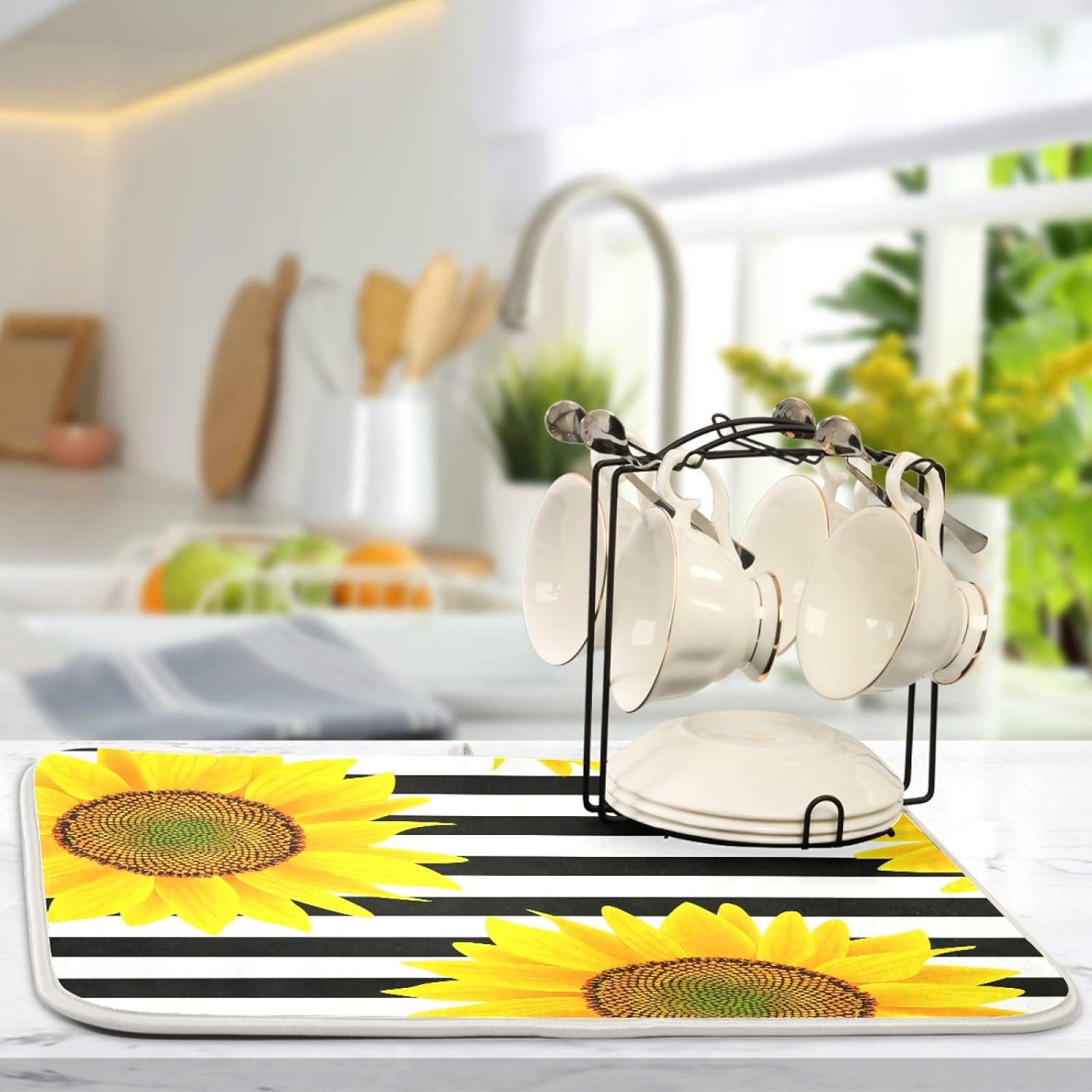Black White Stripes Sunflowers Dish Drying Mat for Kitchen Absorbent Microfiber Pad Heat-resistant Drainer Mats Countertops Sinks Protector 16x18