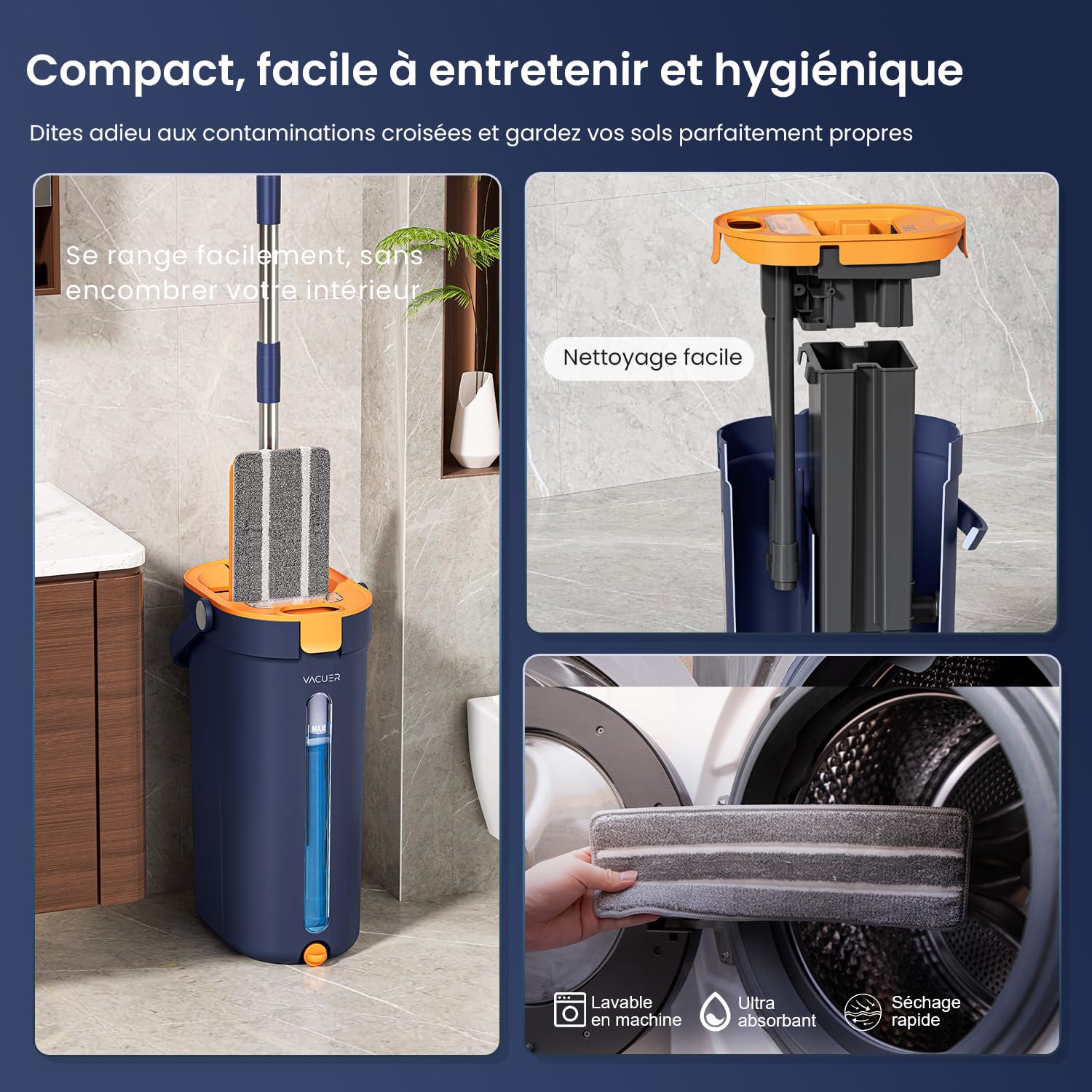 Scopa mocio centrifuga piatta 3 serbatoi K1-Pro, reale separazione acqua pulita e sporca, pulizia igienica senza sforzo, jet-Brosse, manico inox, testa XL, x4 microfibra lavabili, marca francese