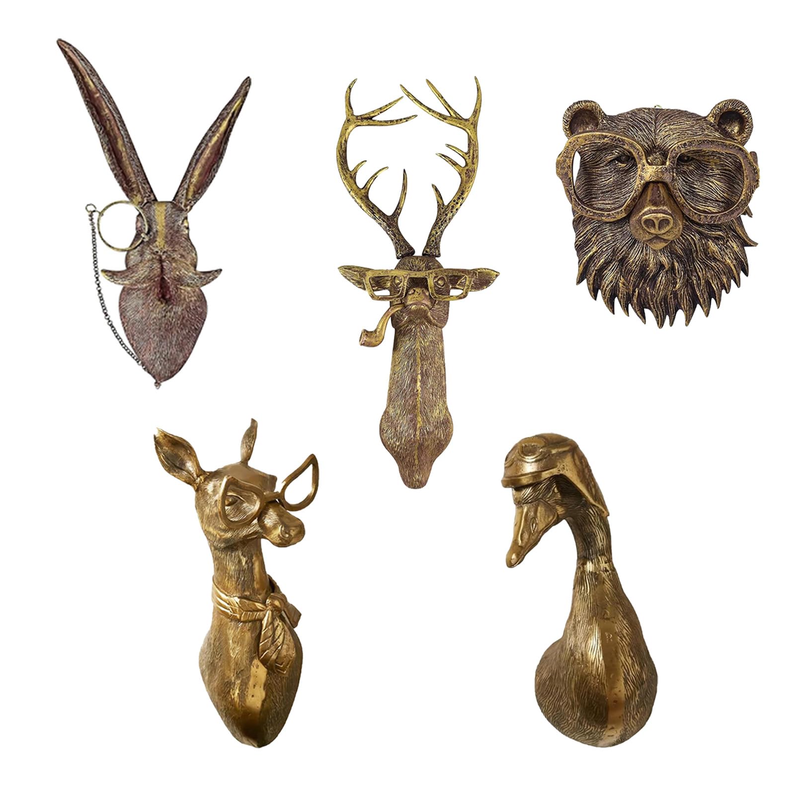 HoldOneLight 5-Pack 3D Wall Mount Ornament, Animal Heads for Wall Art Hanging Sculptures,Small Metal Wall Resin Art Wall Decor Ornament Waterproof Decorations,Living Room Bedroom (5 mix)