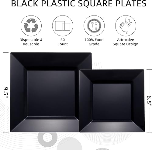 Miniatura 2 de N9R Paquete de 60 platos cuadrados negros de plástico (cena de 9.5 pulgadas, postreensalada de 6.5 pulgadas), clásicos, desechables, sin BPA,