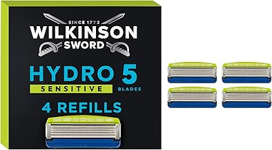 Wilkinson Sword Hydro 5 - Sensitive Razor for Men - Blades - Aloe Vera to Reduce Irritation - Moisturizing Gel & Precision Blade - Pack of 4 Razor Blade Refills