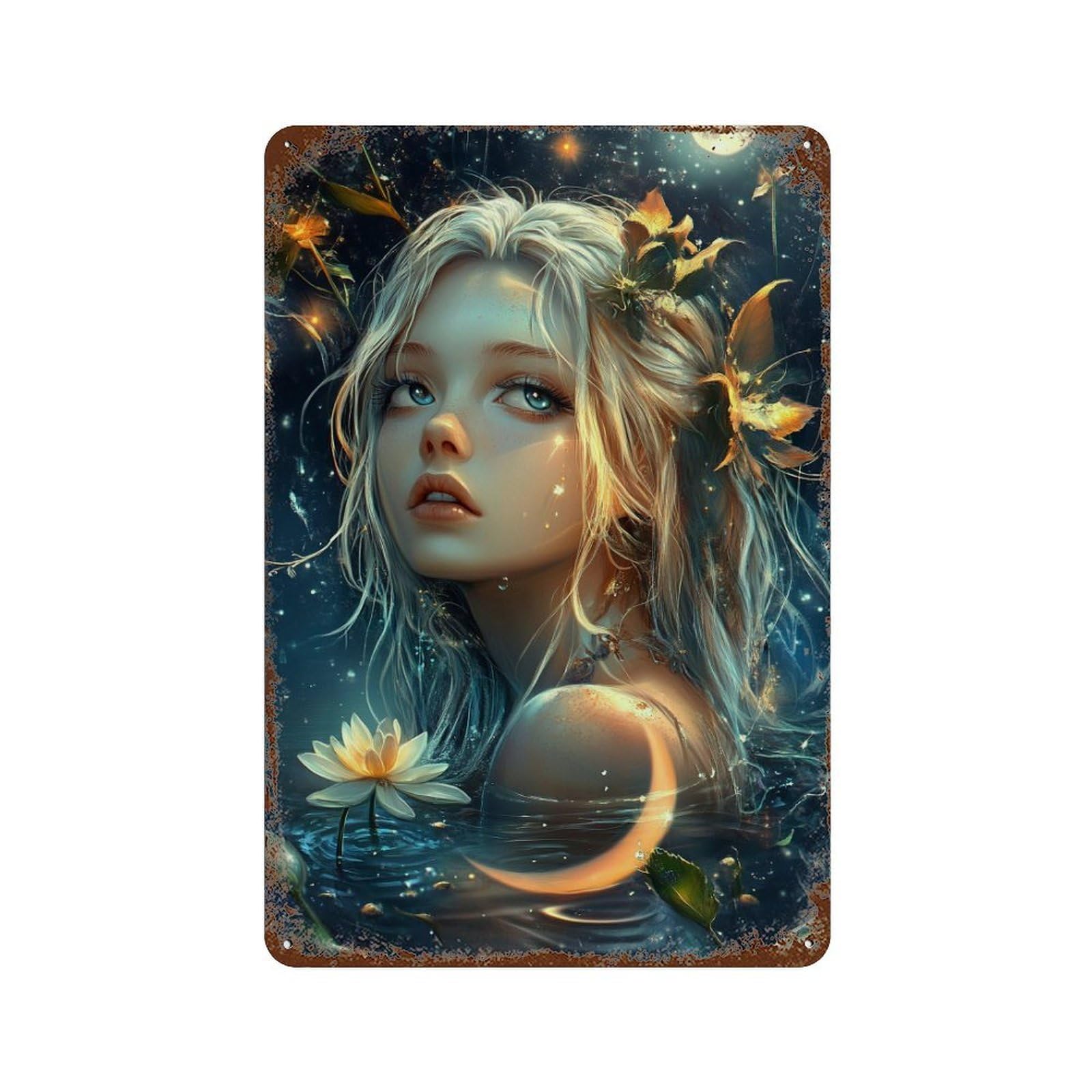 Enchanted Night Fantasy Art Rust Effect Tin Sign 11.8"x7.9", Retro Wall Decor for Pub, Kitchen And Man Cave Decor