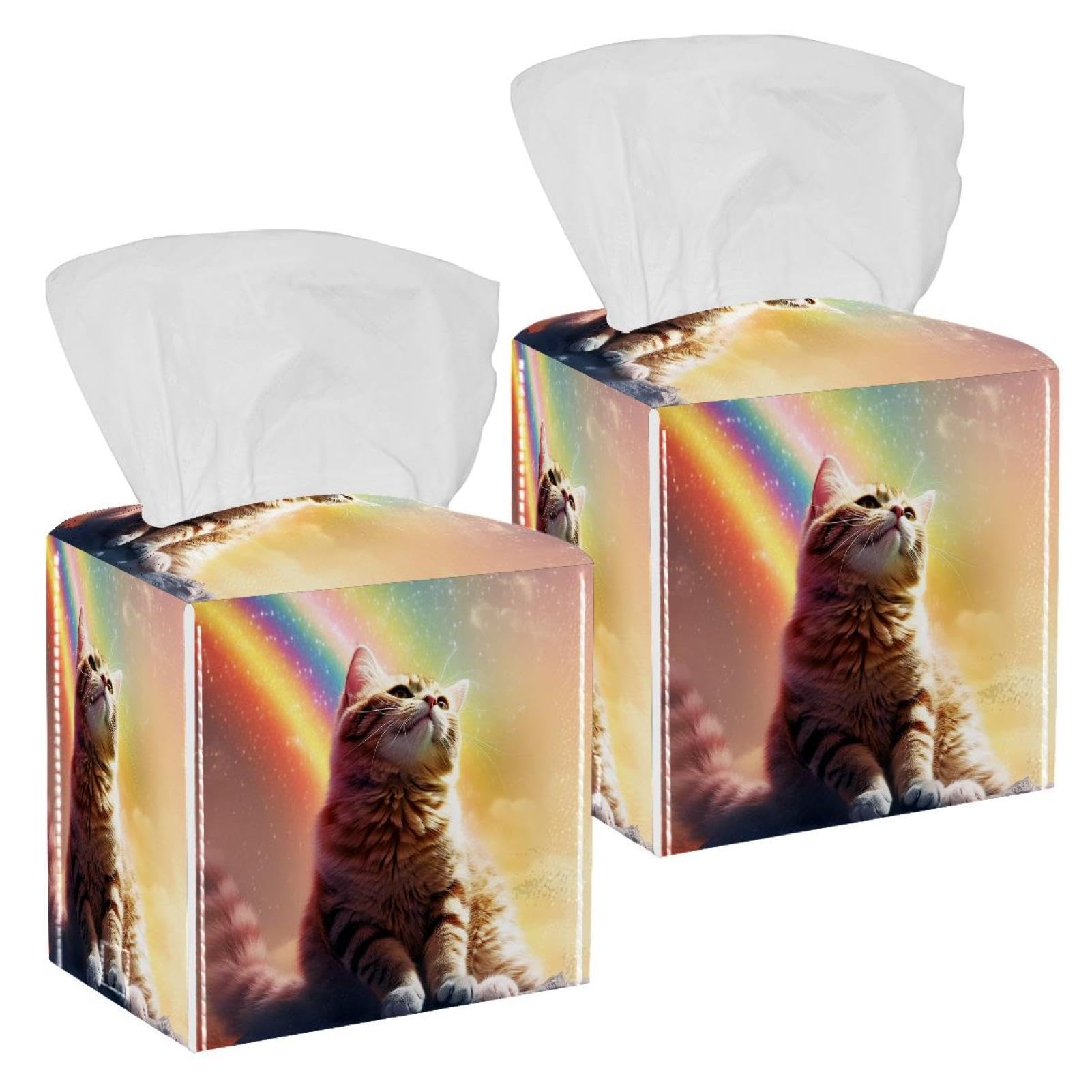 Cat Rainbow Tissue Box Cover, 2 Pack PU Leather Square Facial Tissue Dispenser Box holder for Home Office Car