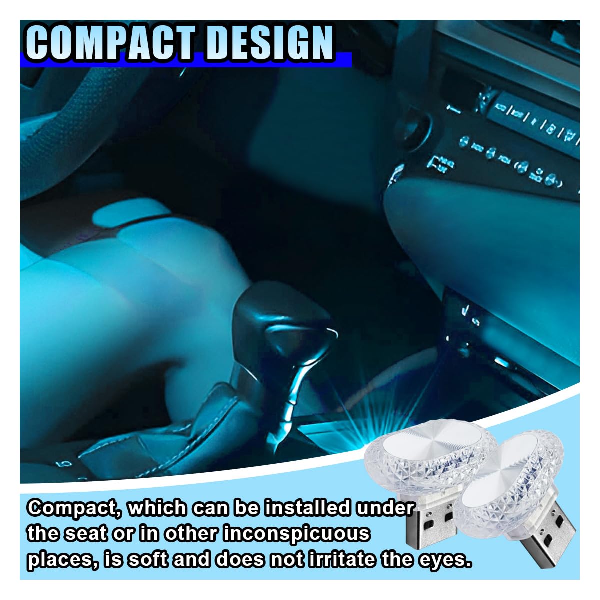 2 lámparas LED USB para interior de coche, mini luz nocturna portátil Plug and Play, luz nocturna de cristal de ojo de ángel, accesorios de vehículo para la mayoría de los automóviles (azul)