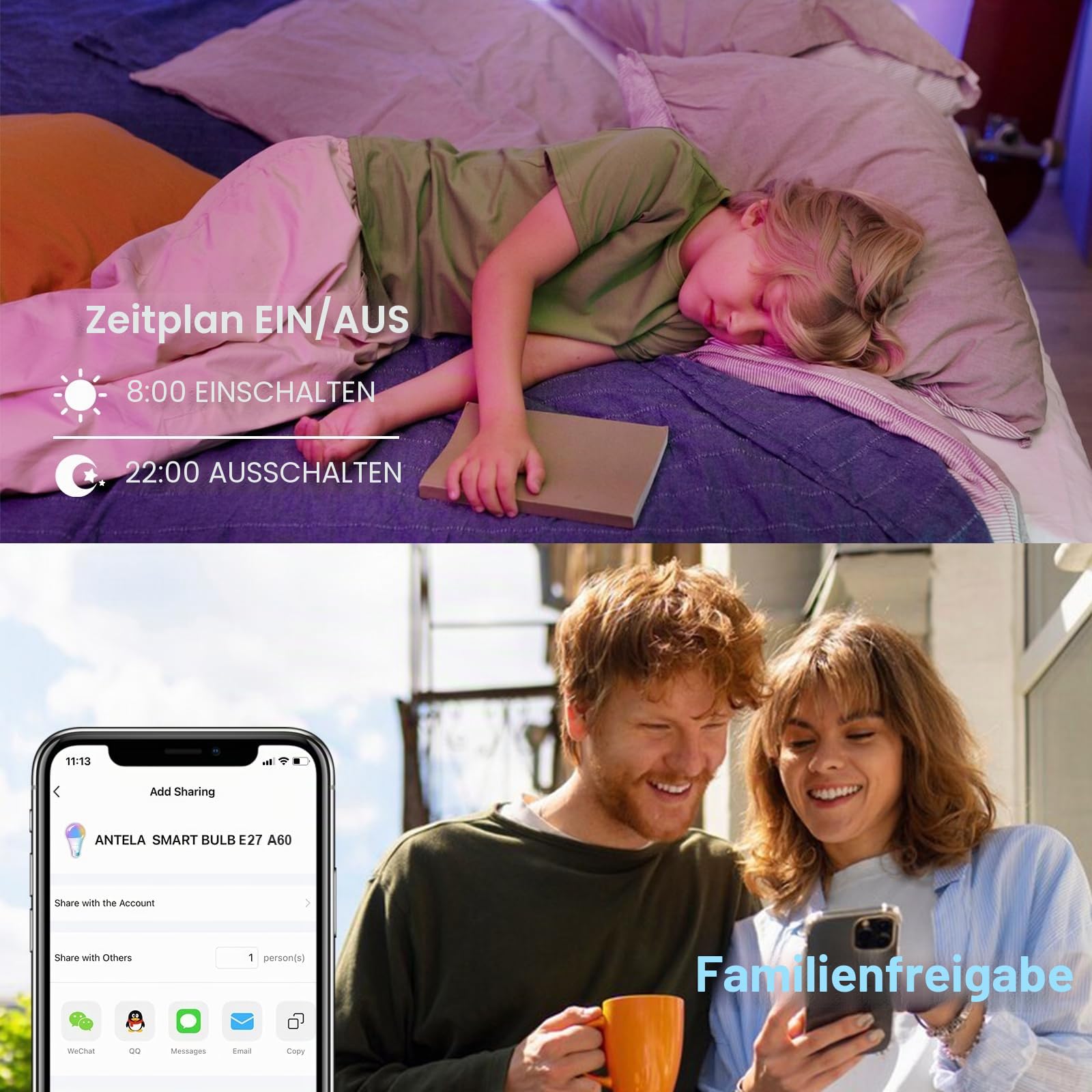 ANTELA Alexa Glühbirne E27 9W 1000LM RGB Smart WLAN LED Dimmbare Birne Lampe, Kompatibel mit Google Home, Smart Life APP, 2700K-6500K Warmweiß Kaltweiß Licht, 4 Stück