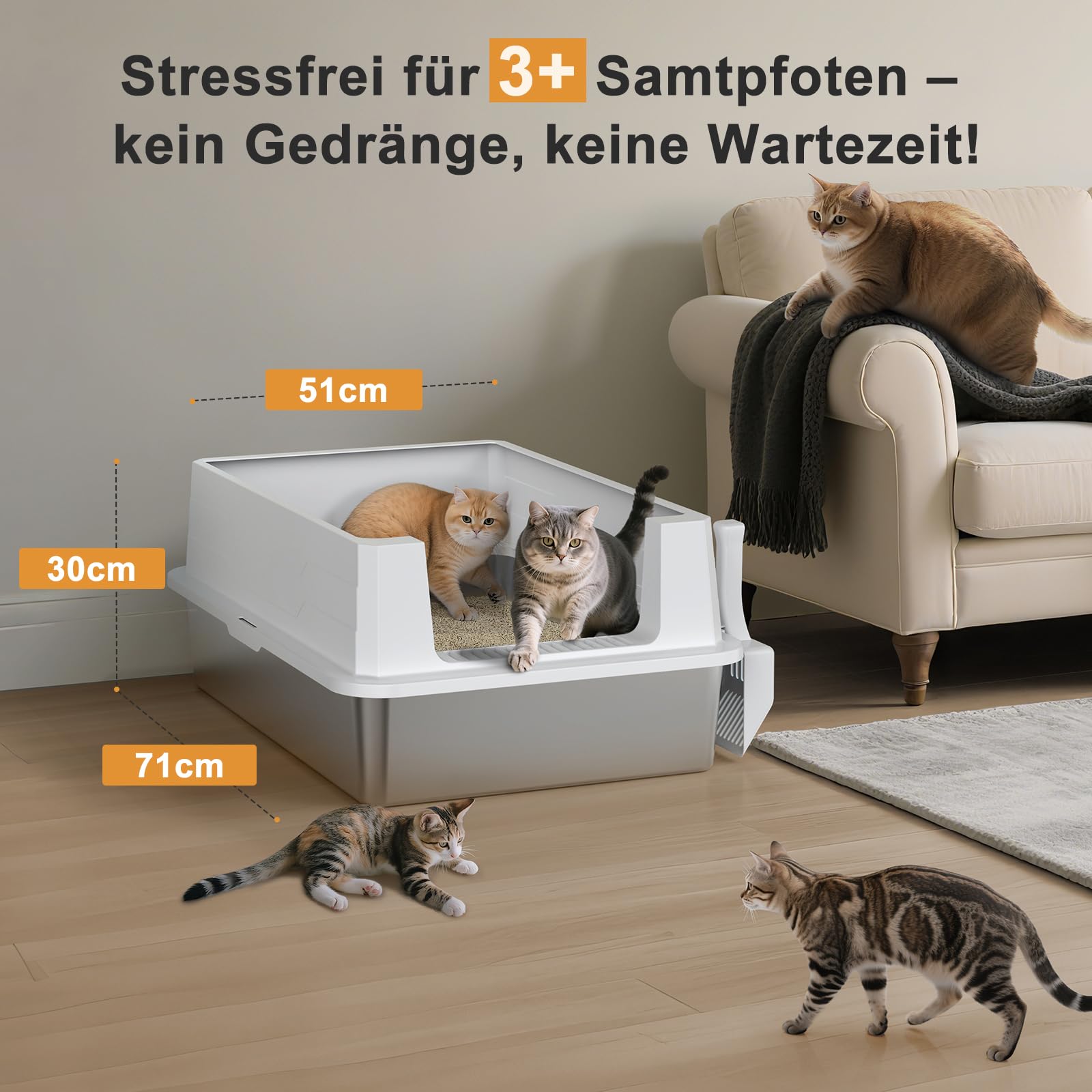MIXJOY XXXL Katzenklo Edelstahl, Katzenklo Extra Groß 71x51x30 cm, Offene Katzentoilette Edelstahl Passend für Große Katzenrassen und Mehrkathenhaushalte, Großformatige Hochrand-Ausführung