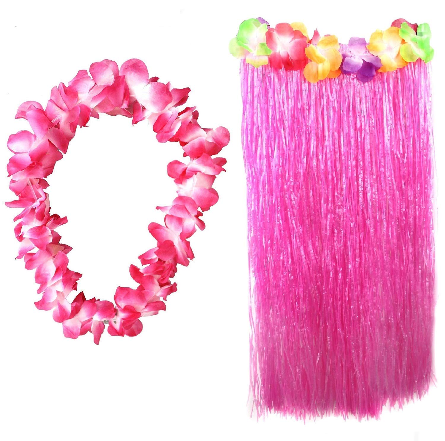 Hawaiian Skirt + Coloured Lei 2 Piece Fancy Dress Accessory Set 80 Cm Skirt Hawaii Hula Luau Costume Beach Party Outfit (Pink)
