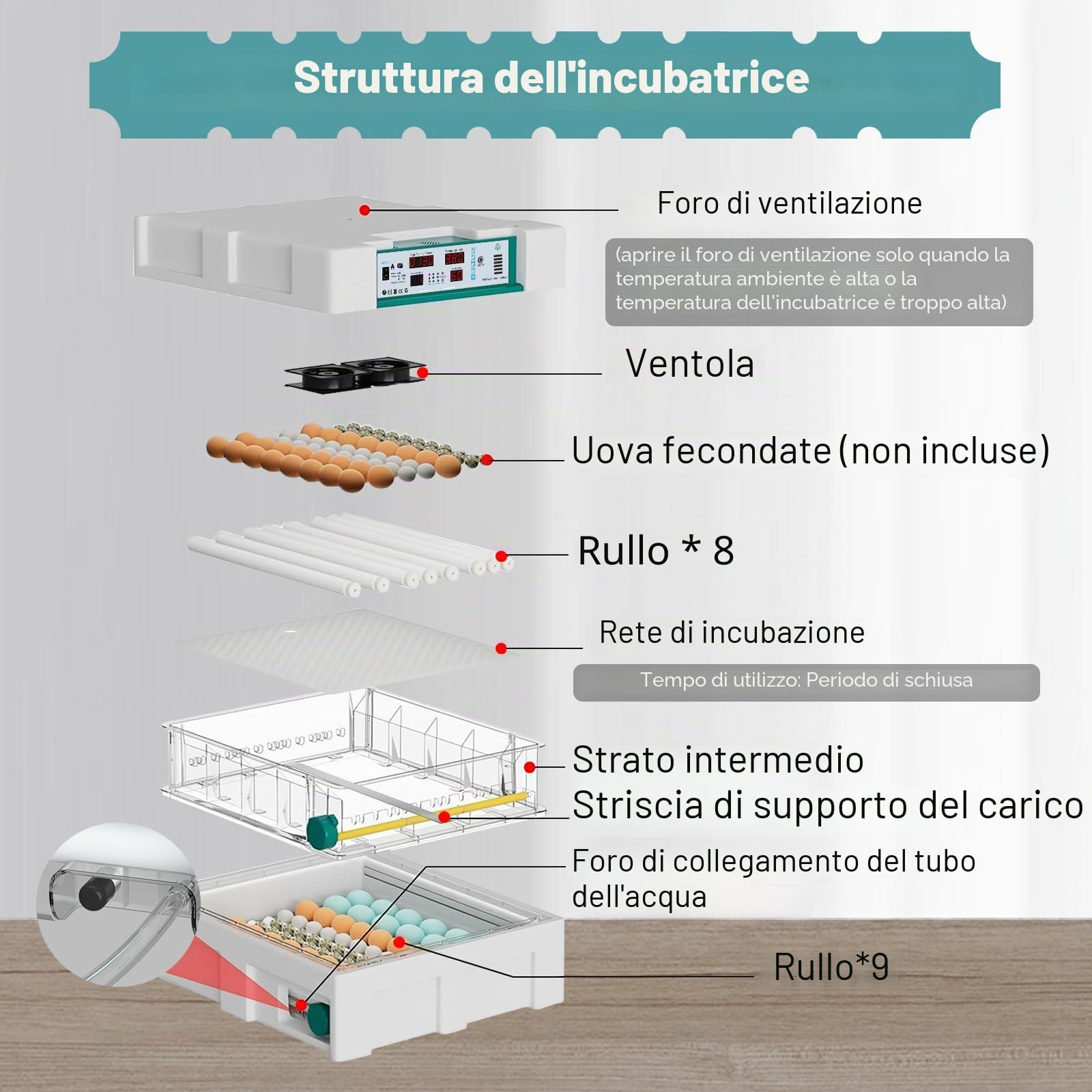 Incubatrice per Uova 120 Pezzi, Incubatrice per Uova Automatica con 4 Modalità di Incubazione, Riempimento Automatico dell'Acqua, Display Temperatura e Umidità, Incubatrice per Uova di Gallina