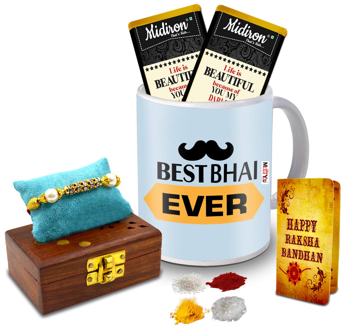 Midiron Rakhi Gift for Brother, Pearl Rakhi with Roli in Wooden Box| Small Message Card for Brother | Milk Chocolate Bar | Printed Coffee Mug for Brother (Multicolor)