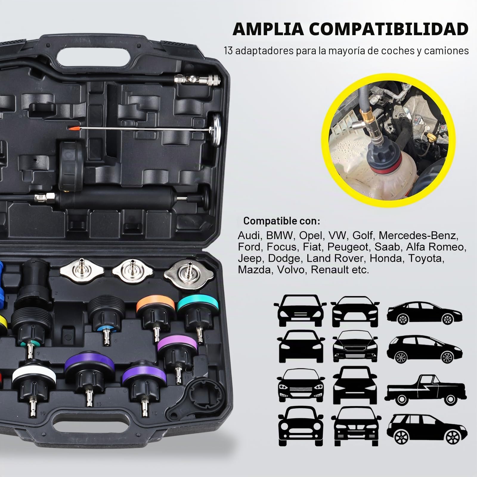 FreeTec 18 pzas Probador Presion Radiador, Universal Probador Presion Circuito Refrigeración, Kit Comprobador de Fugas Liquido Refrigerante, Herramientas Radiador Coche con Bomba Adaptador