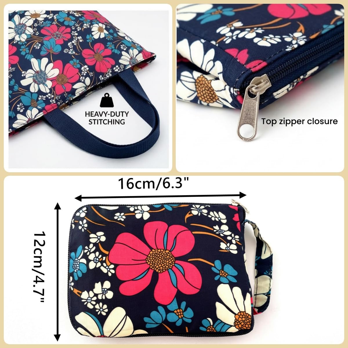 NC 4 Pack Foldable Kitchen Reusable Grocery Bags Floral Designs with Zipper Folding Shopping Tote Bags Lightweight Durable Large Bags 50LBS for Grocery