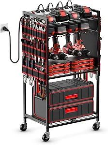 JUNNUJ Large Power Tool Organizer Cart with Charging Station, Garage Floor Standing Rolling Drill and Tools Battery Storage Cart on Wheels, Heavy Duty Utility Rack Shelf with 8 Outlet Power Strip, Red