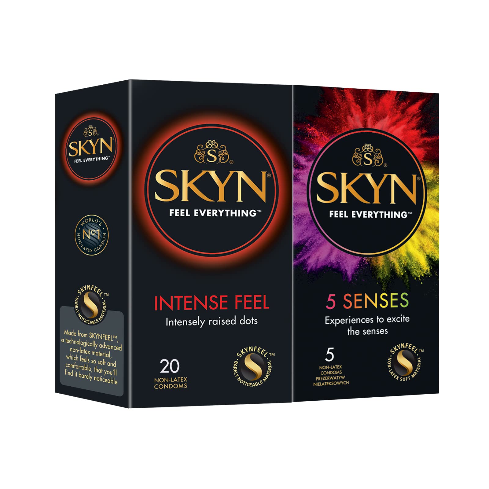 SKYN Intense Feel Condoms Pack of 20 & 5 Senses Pack of 5 / Skynfeel Latex Free Condoms for Men, Regular Size, Raised Dots, Cocktail Flavoured, Ultra-Thin, Warming, Cooling