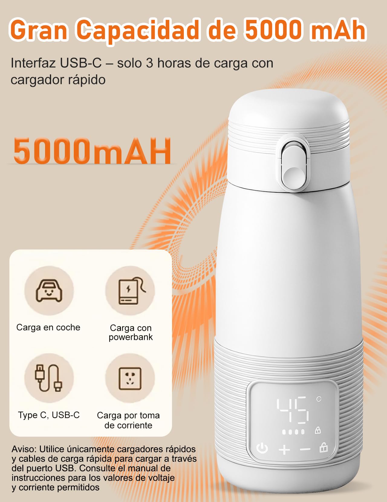 Calientabiberones Portátil, Calientabiberones Bebé de Viaje, 500 ml | Control Preciso de la Temperatura 37 a 55 Grados Ajustable para la Alimentación Nocturna de Viaje