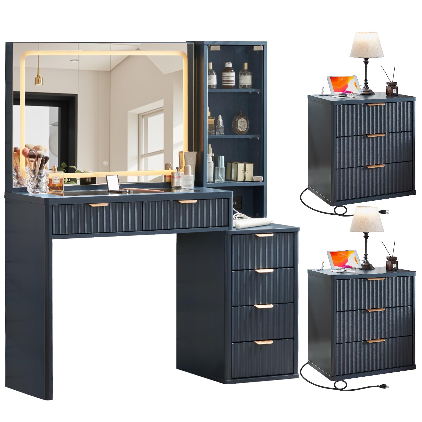 LEYAOYAO Vanity Mirror with Lights and Night Stand Sets, 43.5" Fluted Makeup Vanity with 6 Drawers and Power Outlet, 3 Drawers 23" End Side Table,