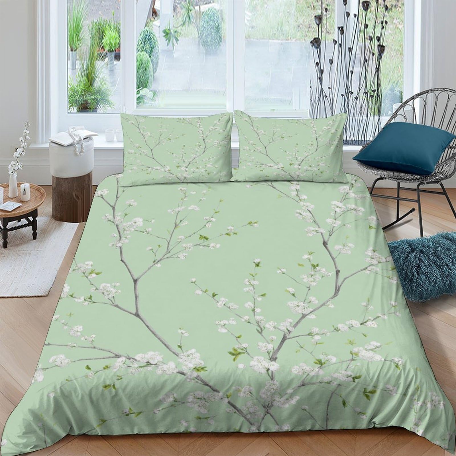 GPLZQXKJNH 3D Printed Blossom Branch Duvet Cover Set Microfiber Soft Breathable Floral Bedding Set with 2 Pillowcases for Bedroom Home Single（135x200cm）