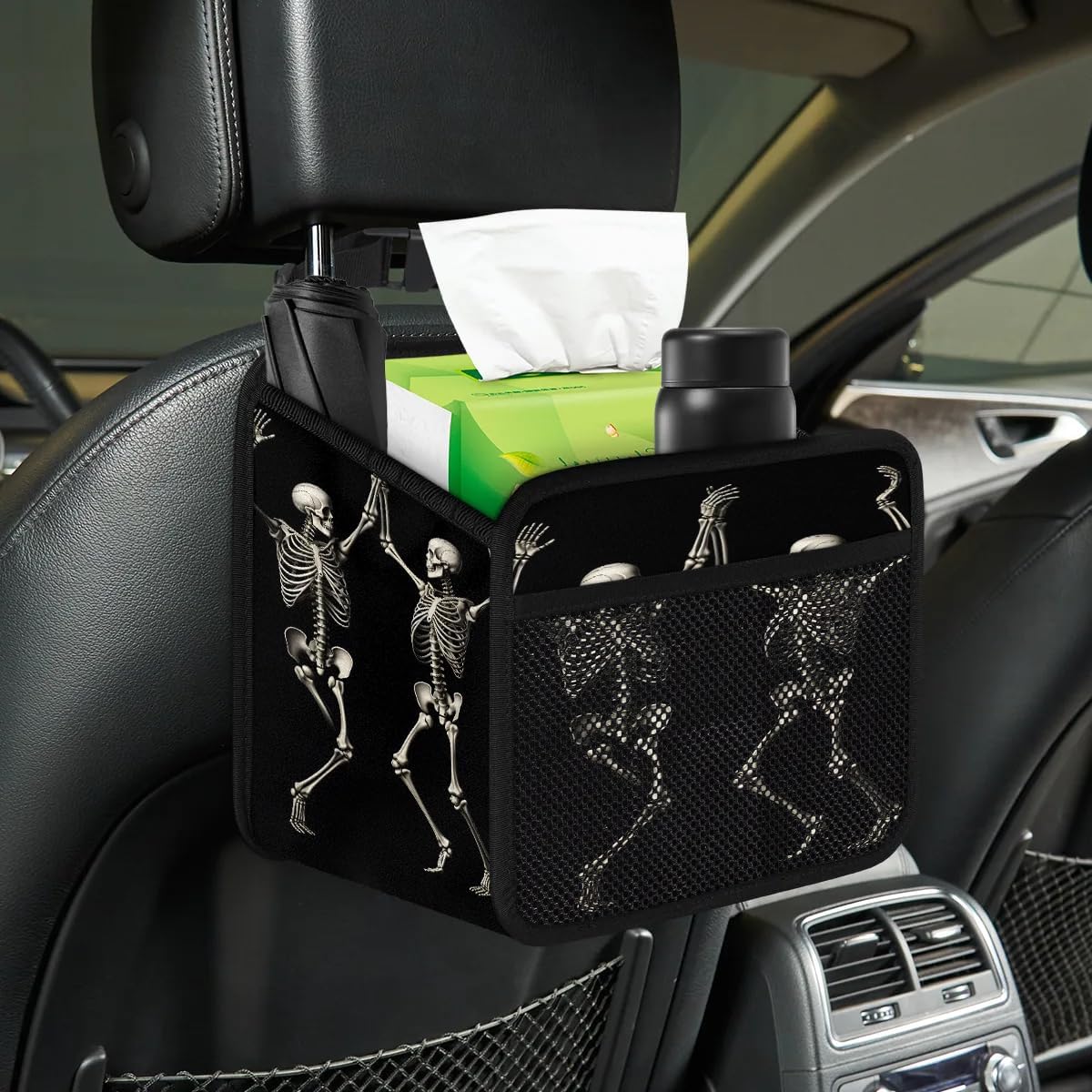 Skeleton Funny Skull Car Seat Back Hanging Bag Collapsible Universal PU Leather Car Organizers and Storage Car Organization Accessories
