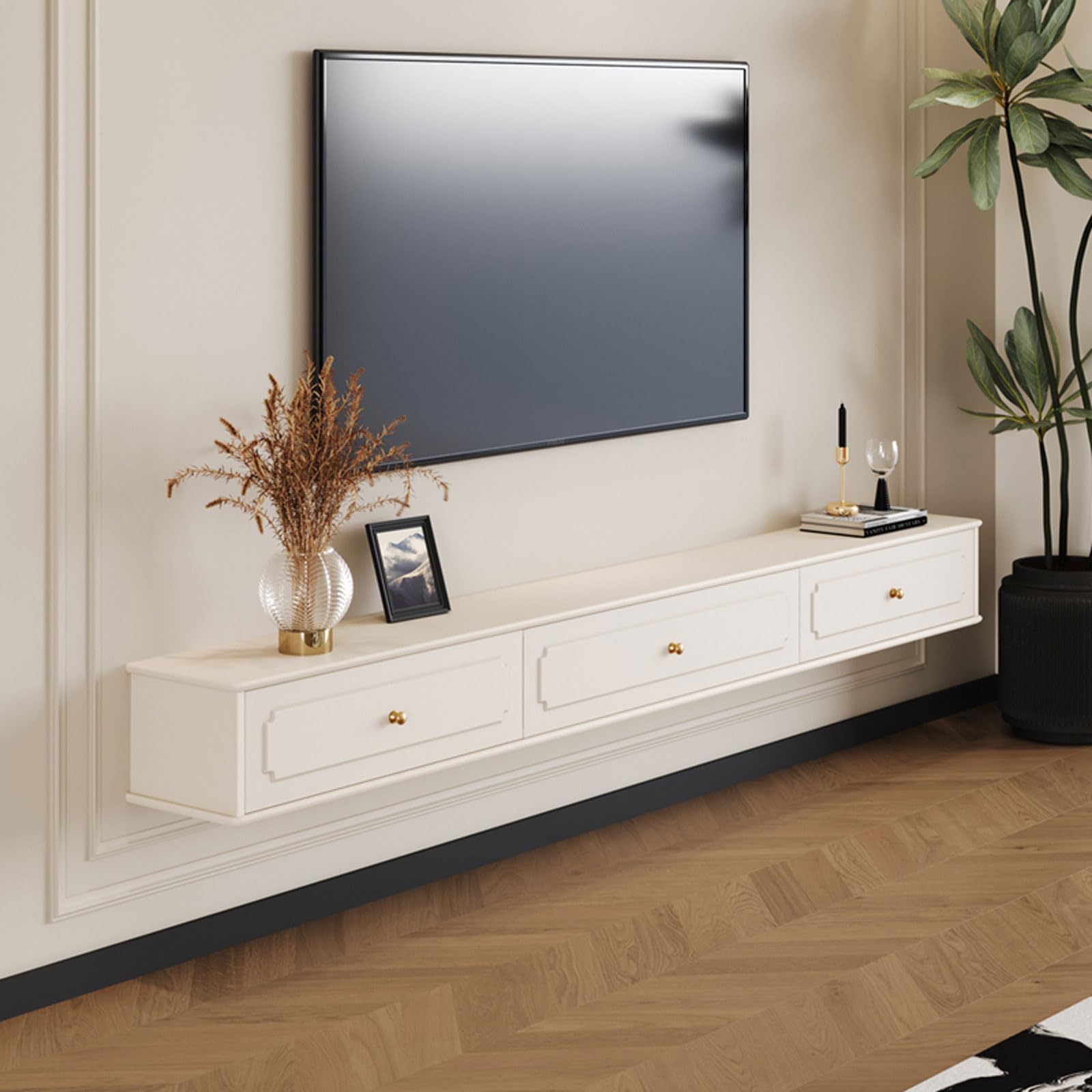 Mensola TV sospesa, Mobile TV da Parete con Lettore Dvd, ripiano portaoggetti e Supporto TV per Soggiorno e Camera da Letto.