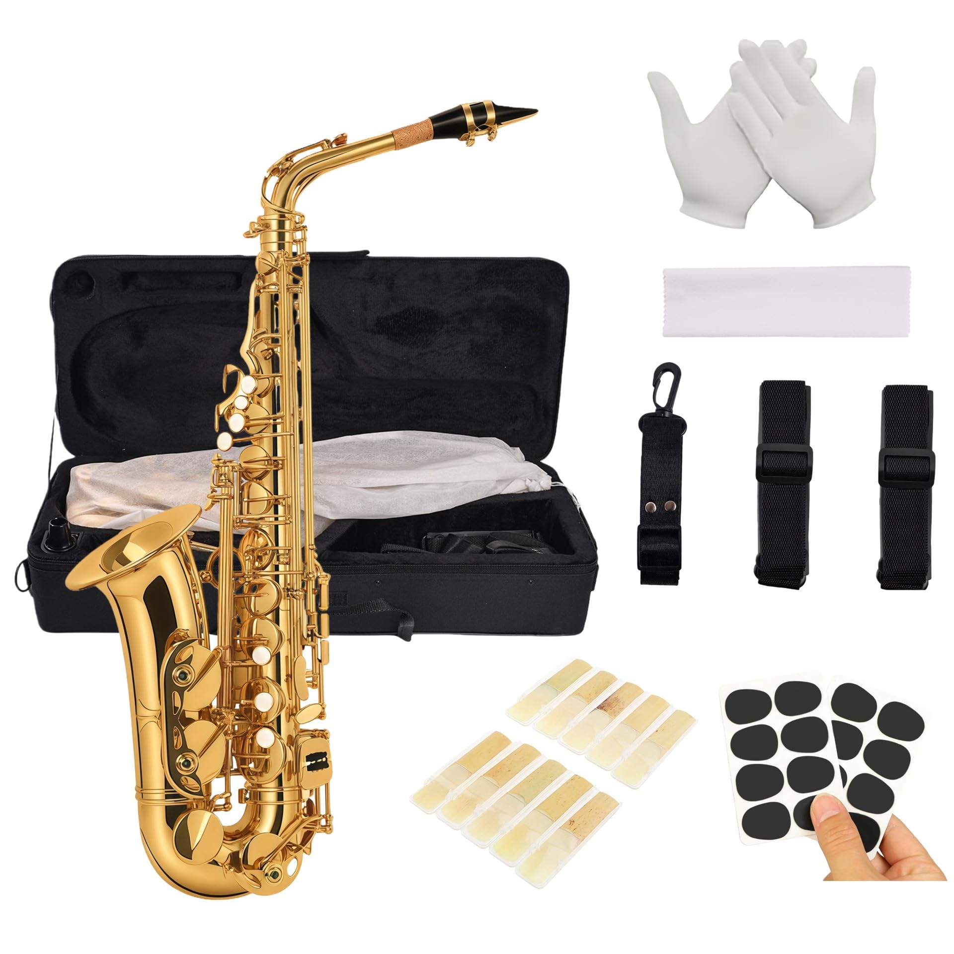 Sassofono contralto E-Flat per principianti e intermedi - Set completo con bocchino, custodia, panno di pulizia, spazzola e cinghie per sassofono