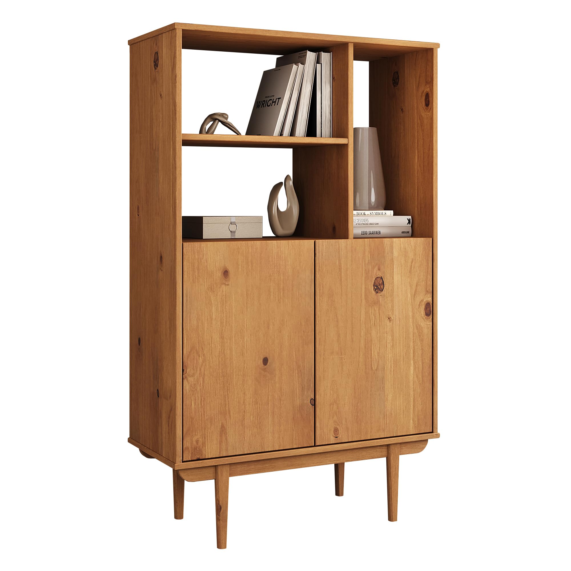 IDIMEX Highboard Simona mit offenem Regal in Massivholz Eiche Farben – Wohnzimmer Kommode mit 3 offenen Fächern und 2 Türen – Bücherregal mit Türen – Retro Holzschrank
