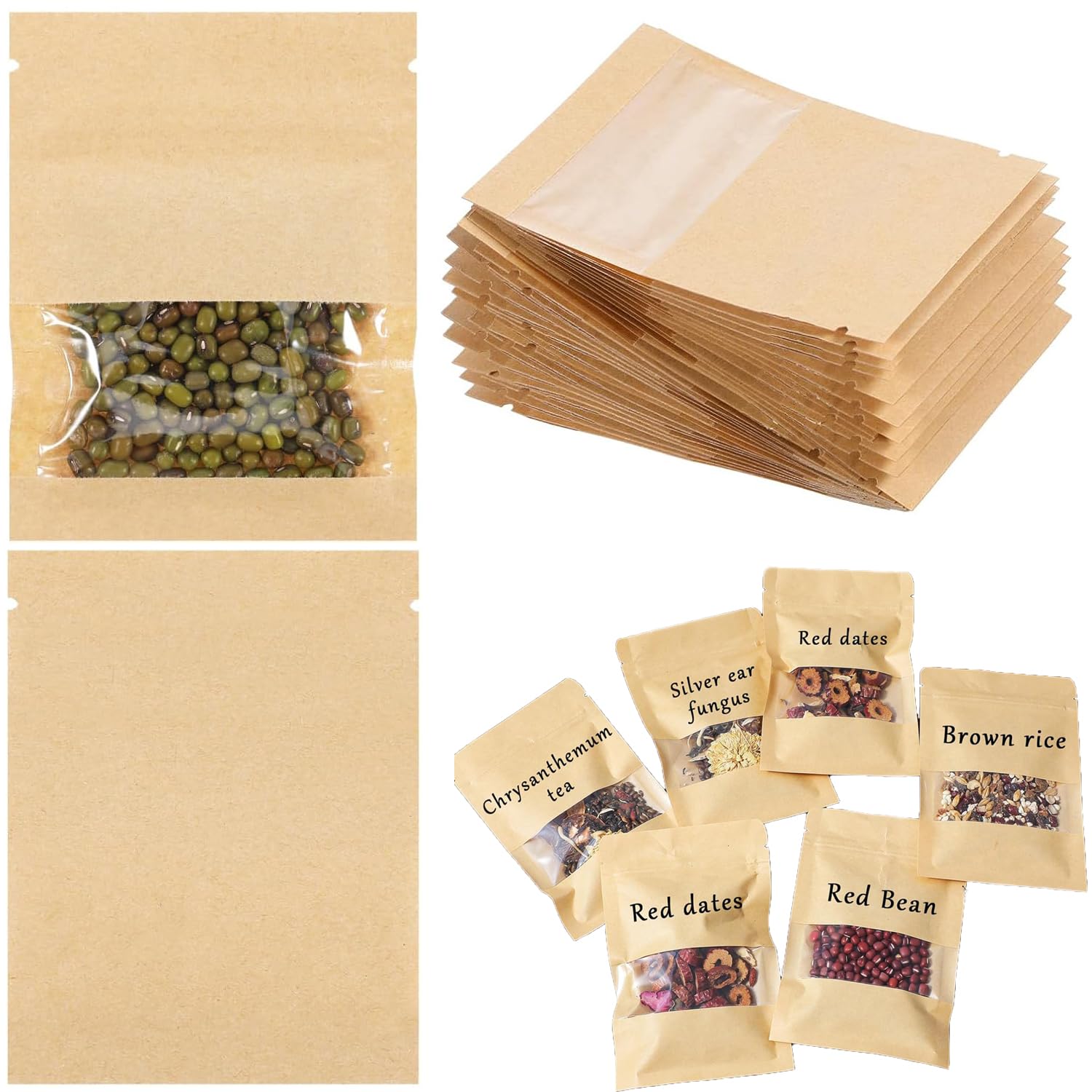 60 Pcs Resealable Seed Packets Envelopes with Clear Window, Brown Kraft Paper Storage Envelopes for Flower, Vegetable, Plant Seeds, Coins, Stamps, Beads & Small Items (9x14cm/3.5"x5.5")