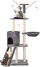 Milo & Misty Cat Tree – 146cm Play Cat Tower with Sisal Scratching Posts for Indoor Kittens, Multi Level House, Large Climbing Frame with House, Ladder and Hammock – Grey