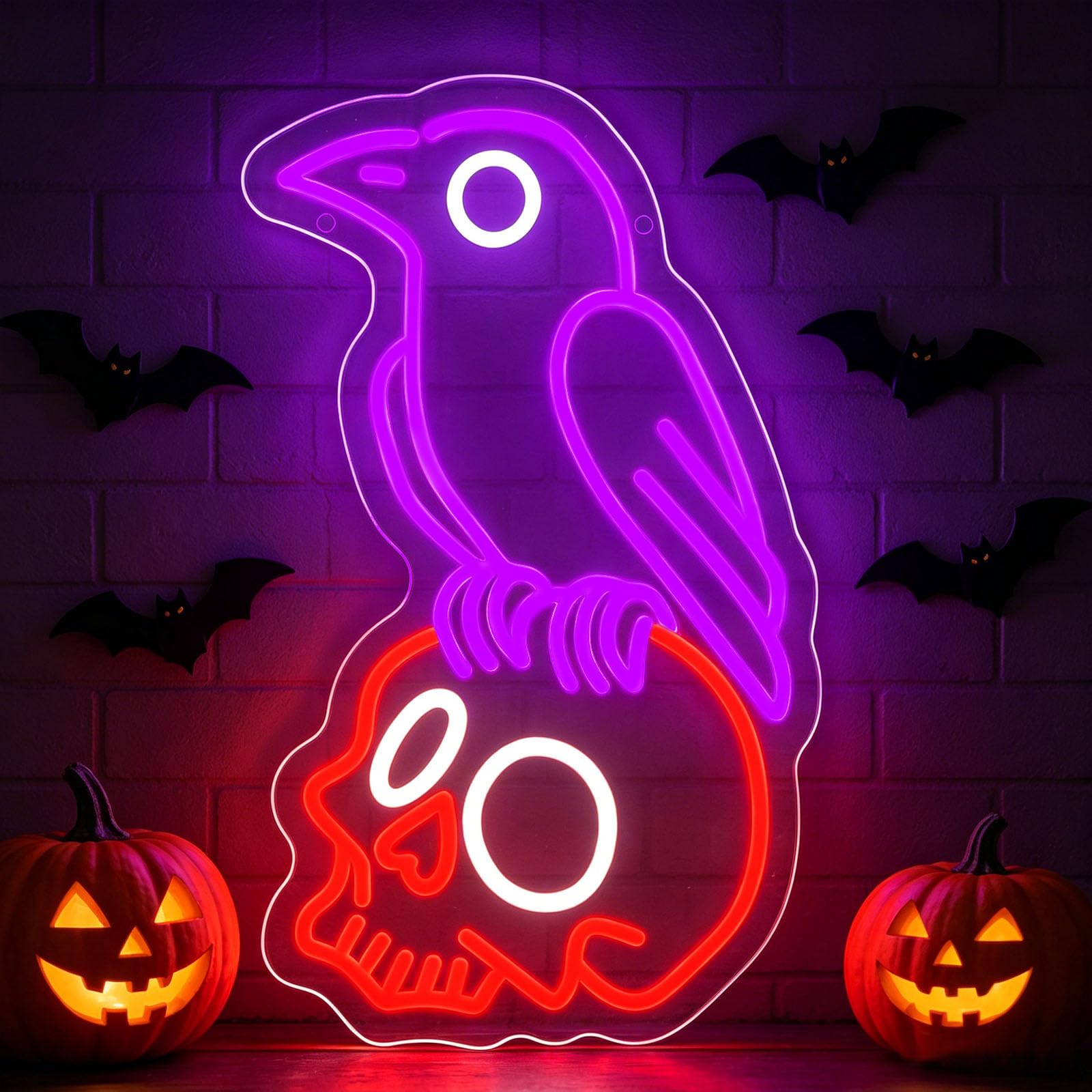 Raven On Skull Neon Sign Purple Crow Red Skeleton LED Light Sign for Wall Decor Dimmable USB Powered Neon Lights for Weird Bar Escape Room Masquerade Ball (D 10.1 in × W 16.7 in)
