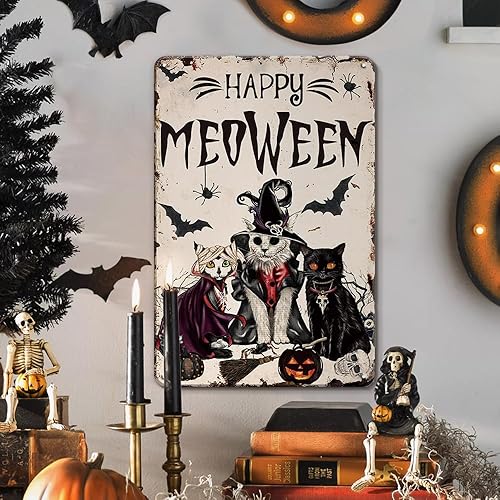 Letrero de metal con diseño de gato negro espeluznante, diseño de gato negro Happy Meoween, decoración de hojalata retro vintage, decoración de