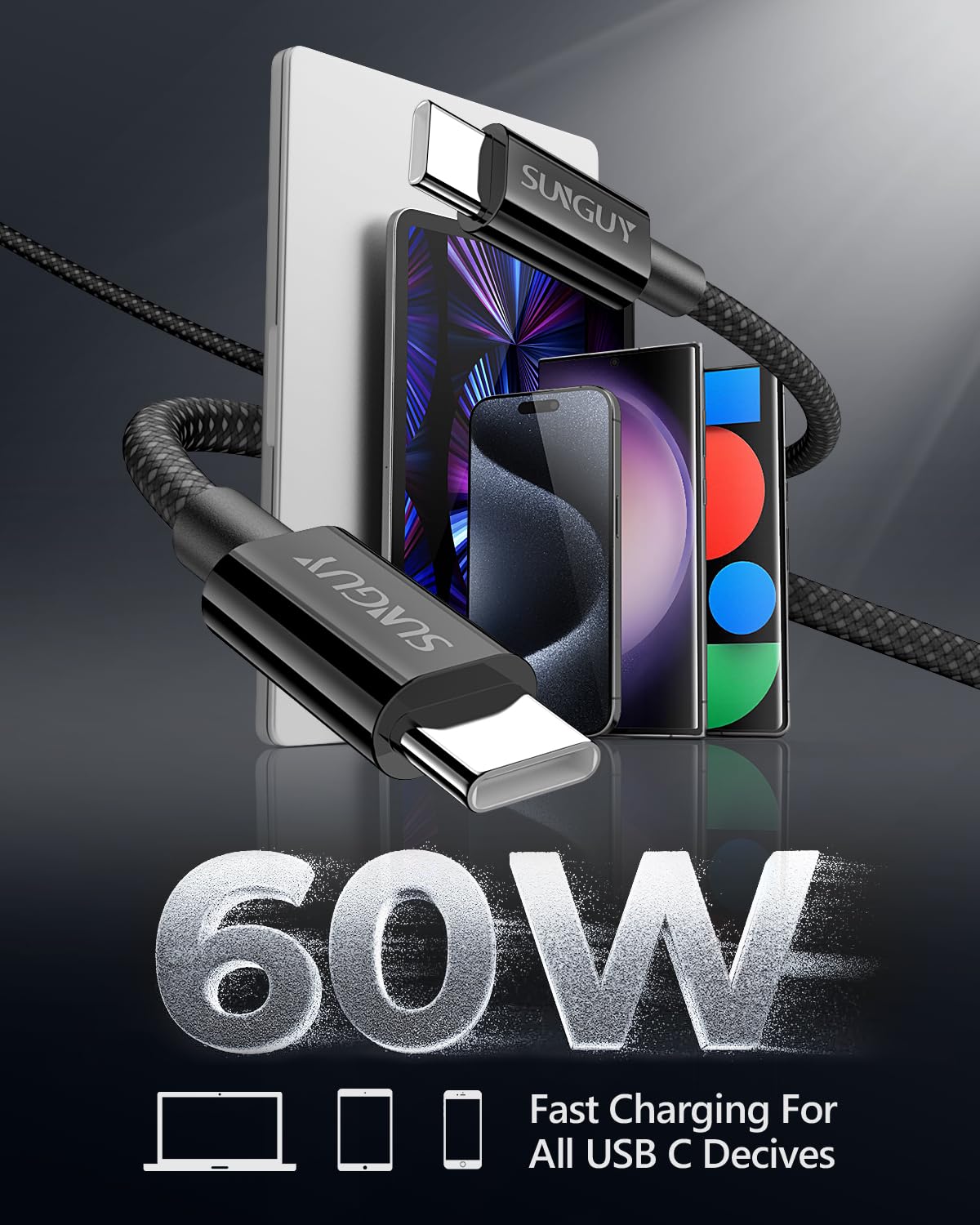 SUNGUY Cavo USB Type-C 2Pezzi 0.5m 60W Ricarica Rapida, USB C a C per iPhone 15 Pro Max/Plus, Galaxy S24 S23, iPad Pro 2022, Google Pixel 8, MacBook Pro 2020 - Nero