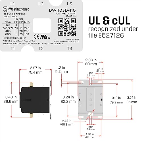Miniatura 2 de Westinghouse Contactor de propósito definido reconocido por UL, 3 polos, 40 amperios, bobina de 240 V, SCCR 100 kA  600 V CA, terminales de