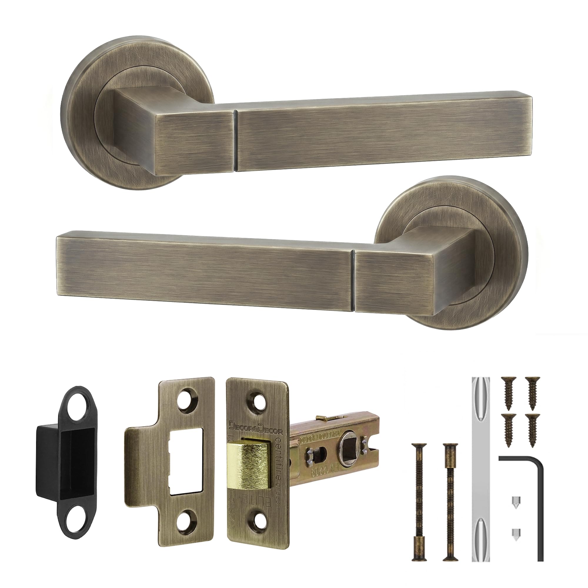 Decoranddecor Antique Brass Lumina Internal Square Door Handles Lever On 54Mm Rose - Aluminium Latch Kit