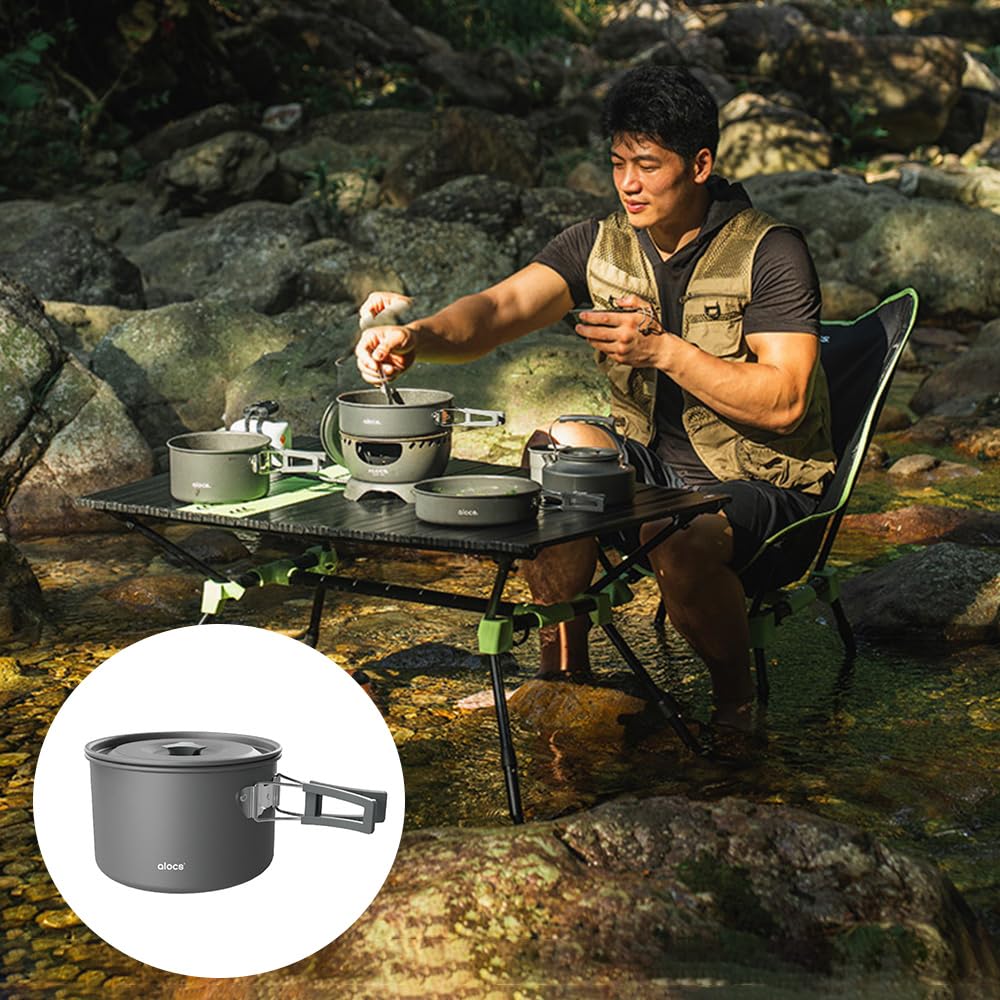 Camping Topf, Aluminiumlegierung Camping Kochtopf, Camping kochgeschirr 1L/1.7L/3L (optional), Outdoor Geschir Set mit Deckel und faltbarem Griff, für Camping Picknick Wandern