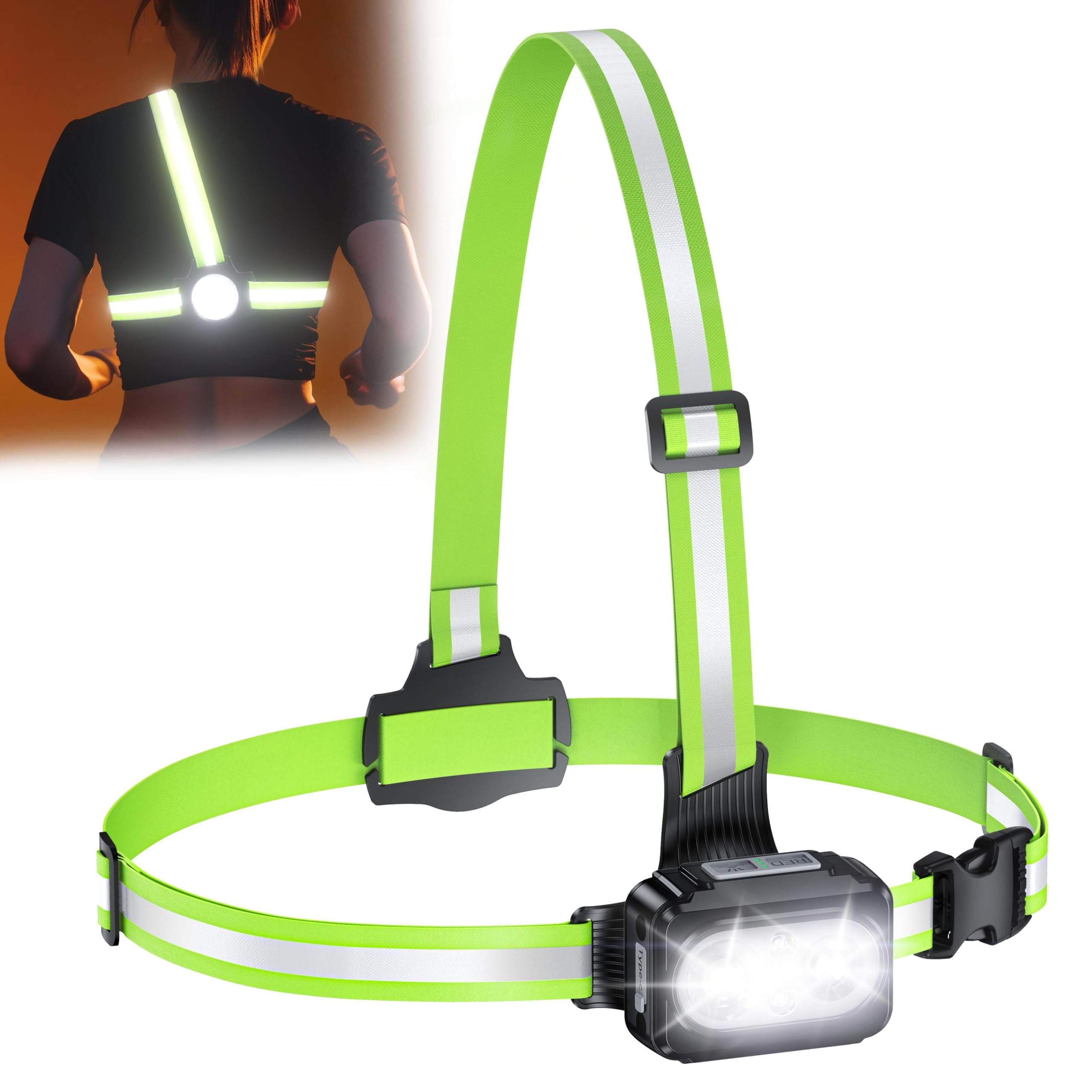 Viccux - Luces de correr de 500 lúmenes para corredores con correas reflectantes, 7 modos y luz ajustable de 45°, chaleco de luz impermeable IPX4 para caminar por la noche, trotar, senderismo, tiempo
