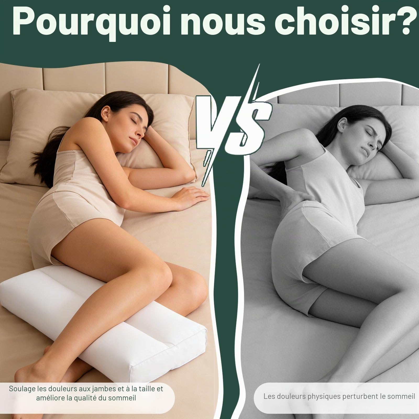 Coussin de genou pour les personnes dormant sur le côté, coussin ergonomique sans sangles, en coton, coussin de positionnement latéral extra long pour soulager les hanches et les jambes