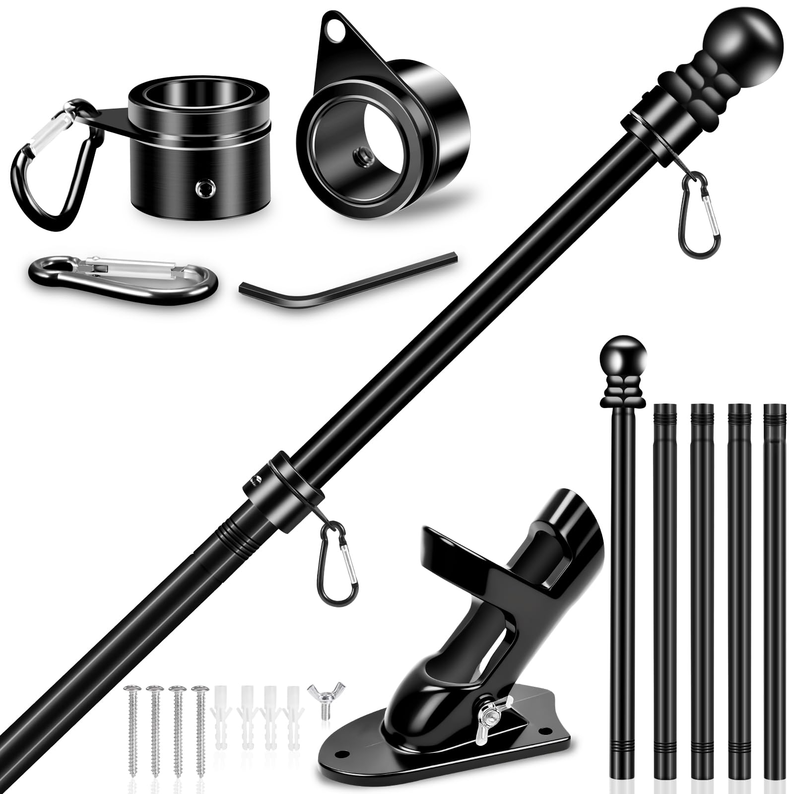 6 FT Flag Poles Kit for House with 2-Position Flagpole Bracket & 360° Rotating Flag Rings, 1 Inch Stainless Steel Spinning Flag Pole, Porch Wall Mounting Metal Flag Pole for 3x5 4x6 Flag (6 FT, Black)
