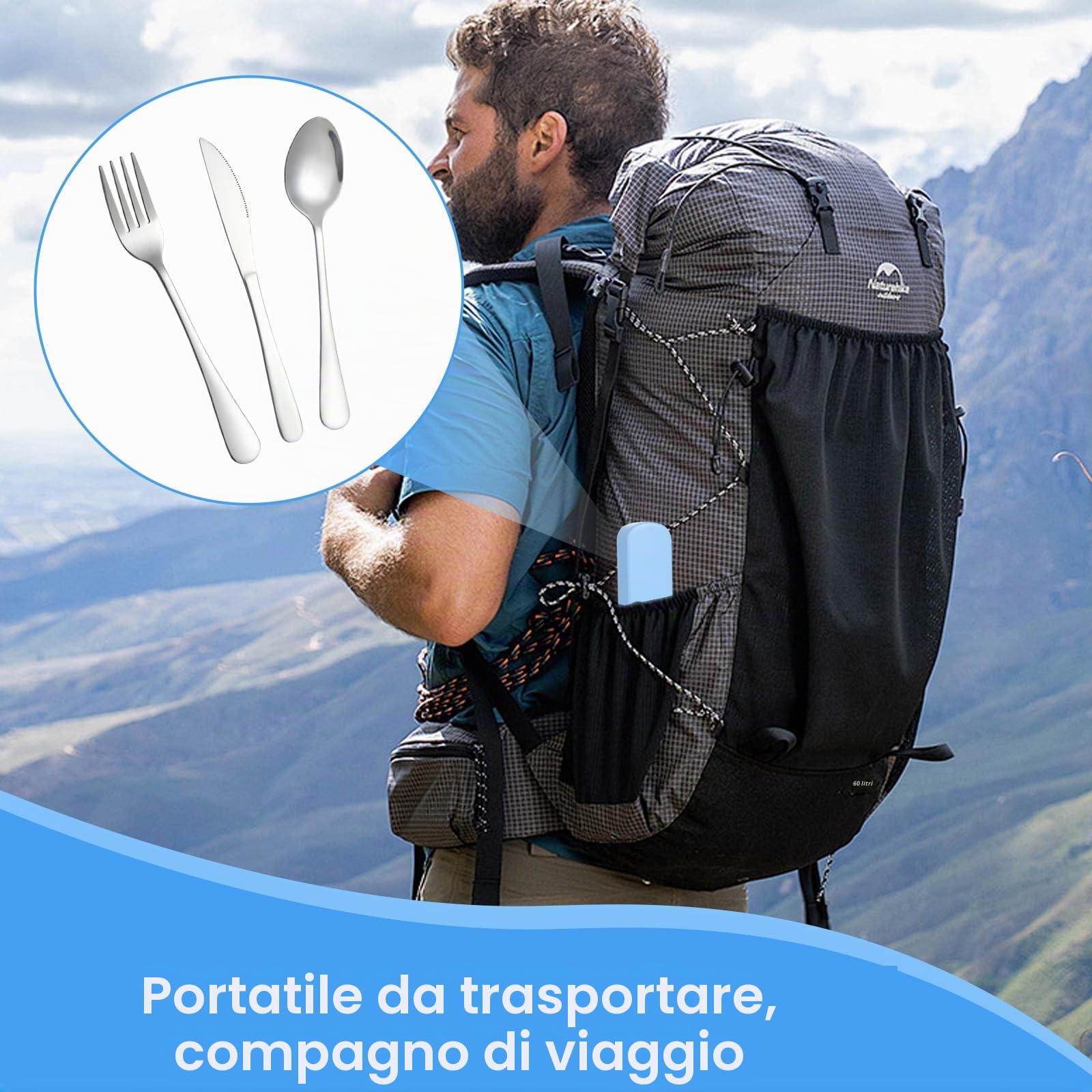 KITDAHOM Set di posate da viaggio - 3 pezzi in acciaio inox portatile - ideale per viaggi, campeggio, picnic, ufficio e uso quotidiano