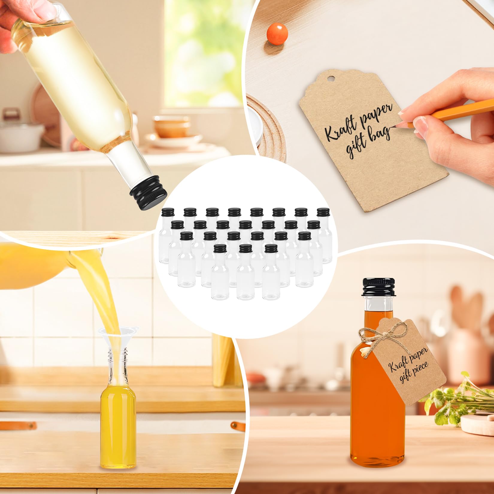 24 bottiglie da 50 ml, in plastica, da riempire, con coperchio nero e imbuto, riutilizzabili, per matrimoni, feste