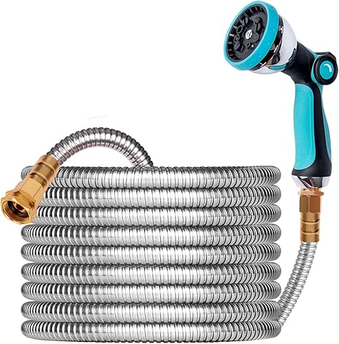 Das perfekte werkzeug Manguera de jardín de metal expandible de 100 pies, manguera de jardín ligera de acero inoxidable 304 con boquilla de 10
