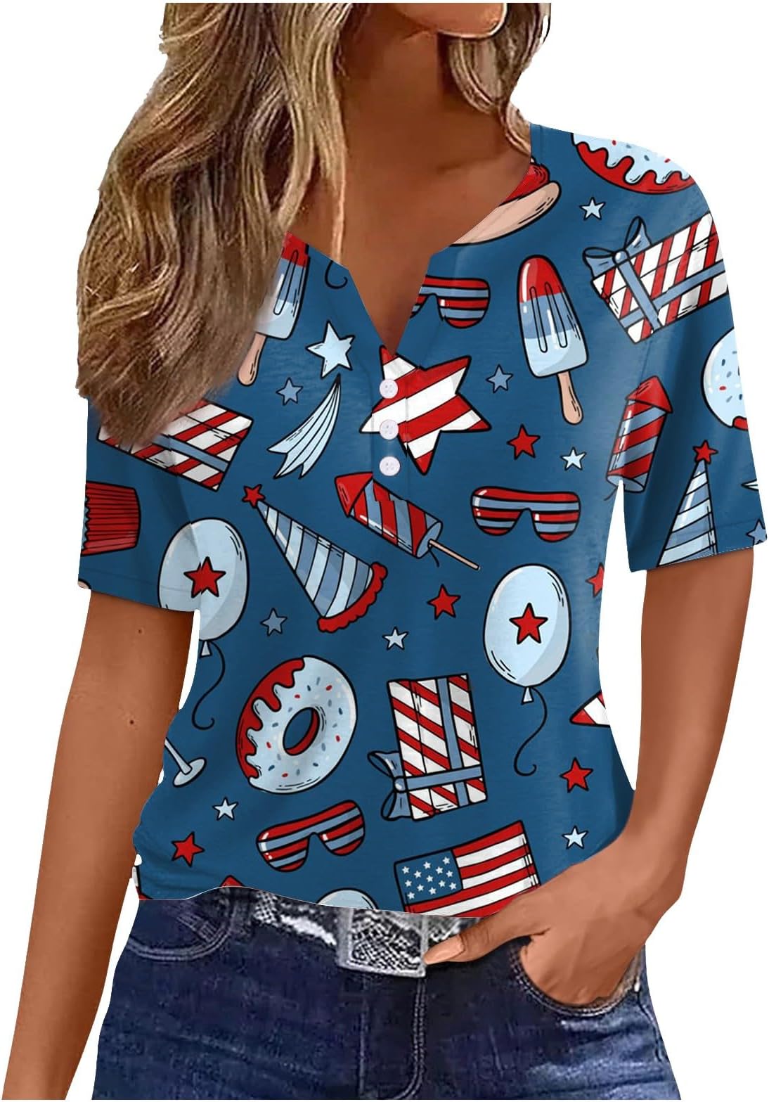 Womens Summer Short Sleeve Tunic Tops Casual T-Shirt Button Up Blouses Patriotic Tee Shirts 4th of July Shirts 3D