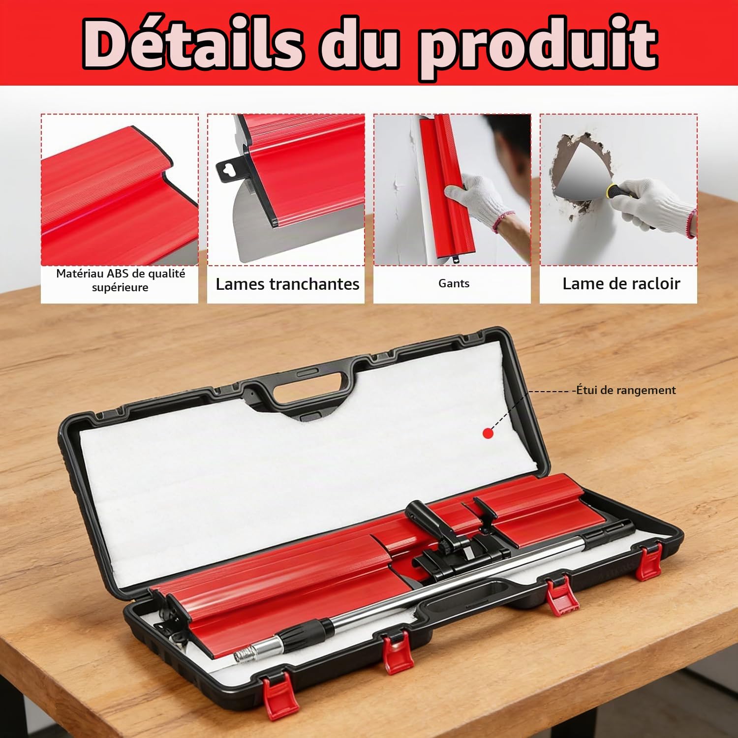 Set de spatules professionnelles dans un étui, incl. 5 x spatules de surface (16 cm demi-lune, 25 cm, 40 cm, 60 cm, 80 cm) avec 2 spatules à main, tige télescopique en aluminium, embout de manche et