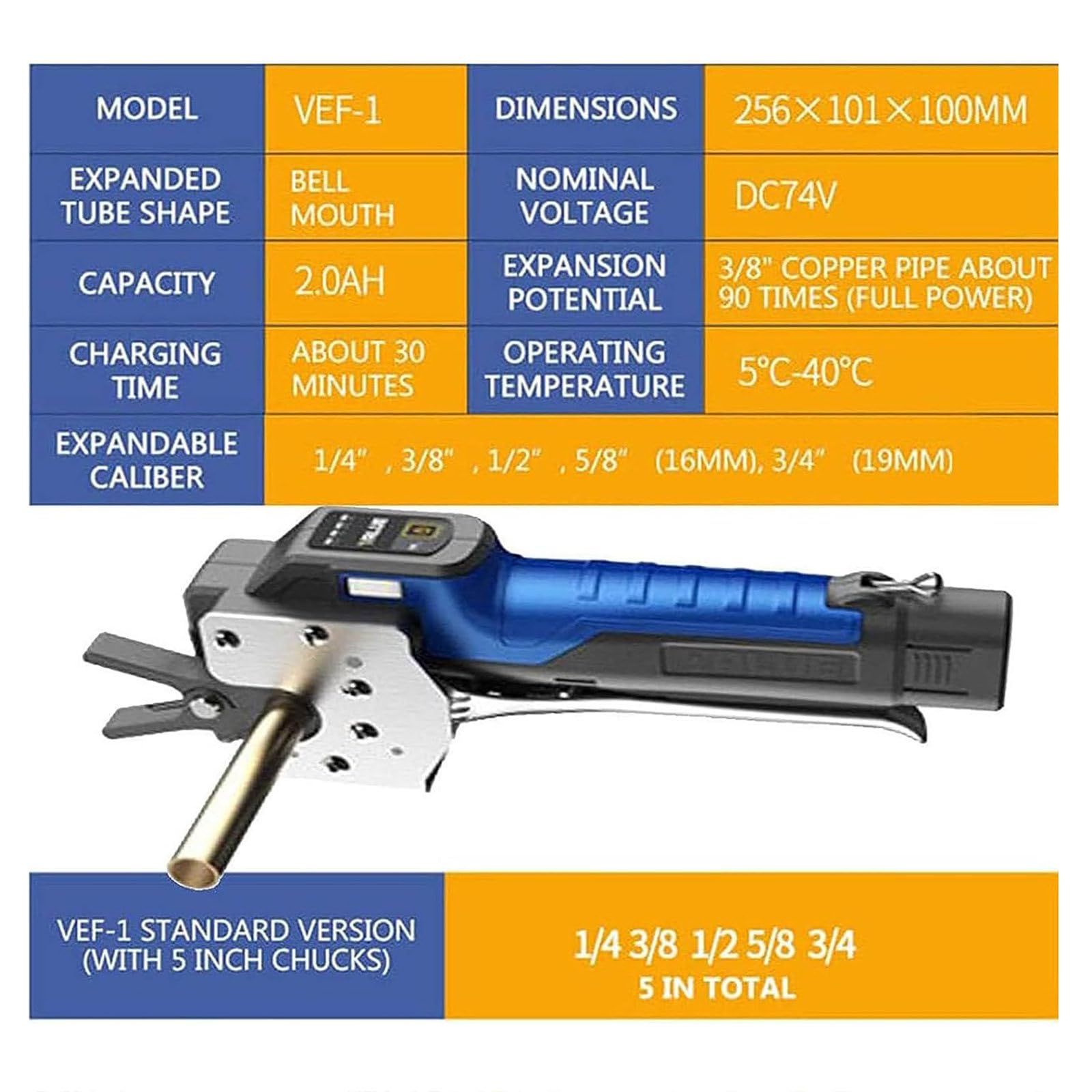 Kit de Herramientas de Abocardado Eléctrico,Herramienta de Abocardado de Cobre de 1/4" - 3/4",Abocardador Tipo Excéntrico de 45° 2000 mAh,Herramienta de Expansión para Tubos de Cobre