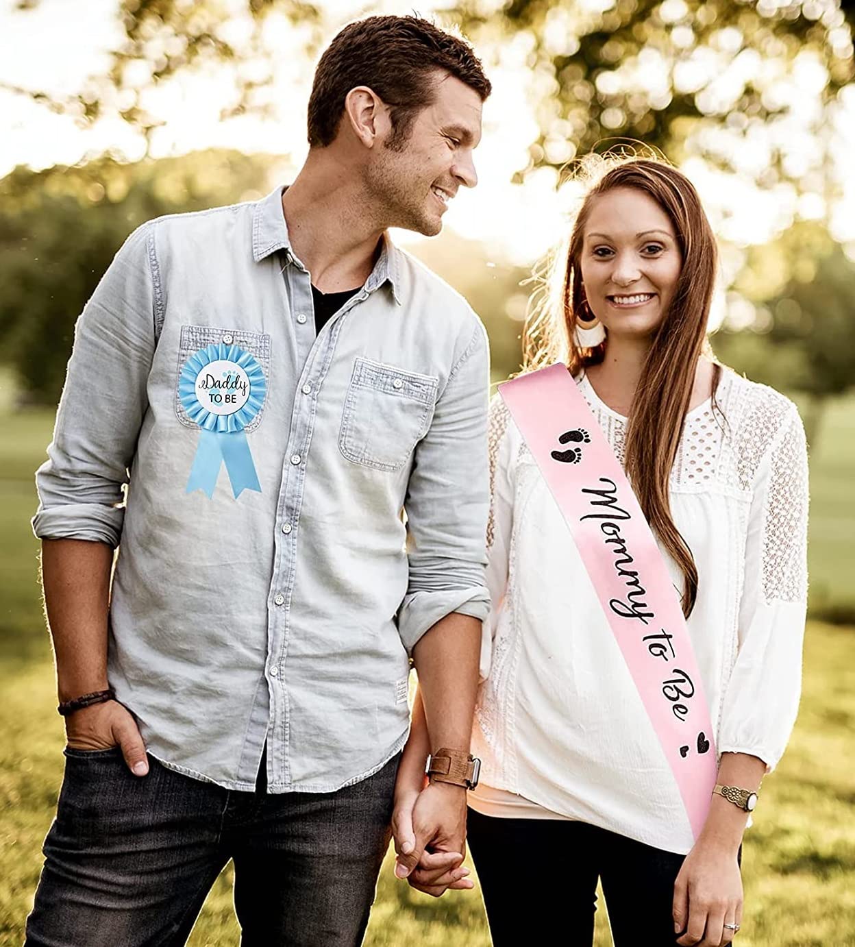 SV Traders Mom To Be Sash with Dad To Be Badge2 pcs For Maternity Photo Shoot/Baby Shower Party Decoration satin material (Light Blue/Dark Pink)