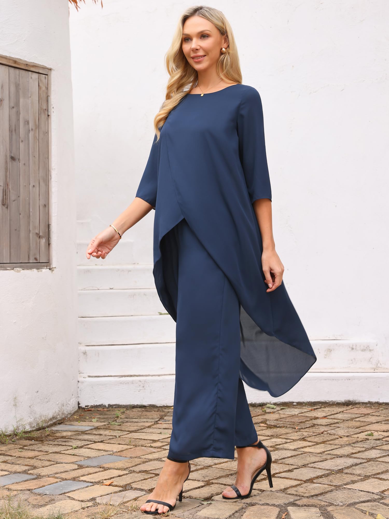 Seta T Set di 2 pezzi da donna in chiffon, estivi, con pantaloni alti e bassi, set formale per ospiti di nozze