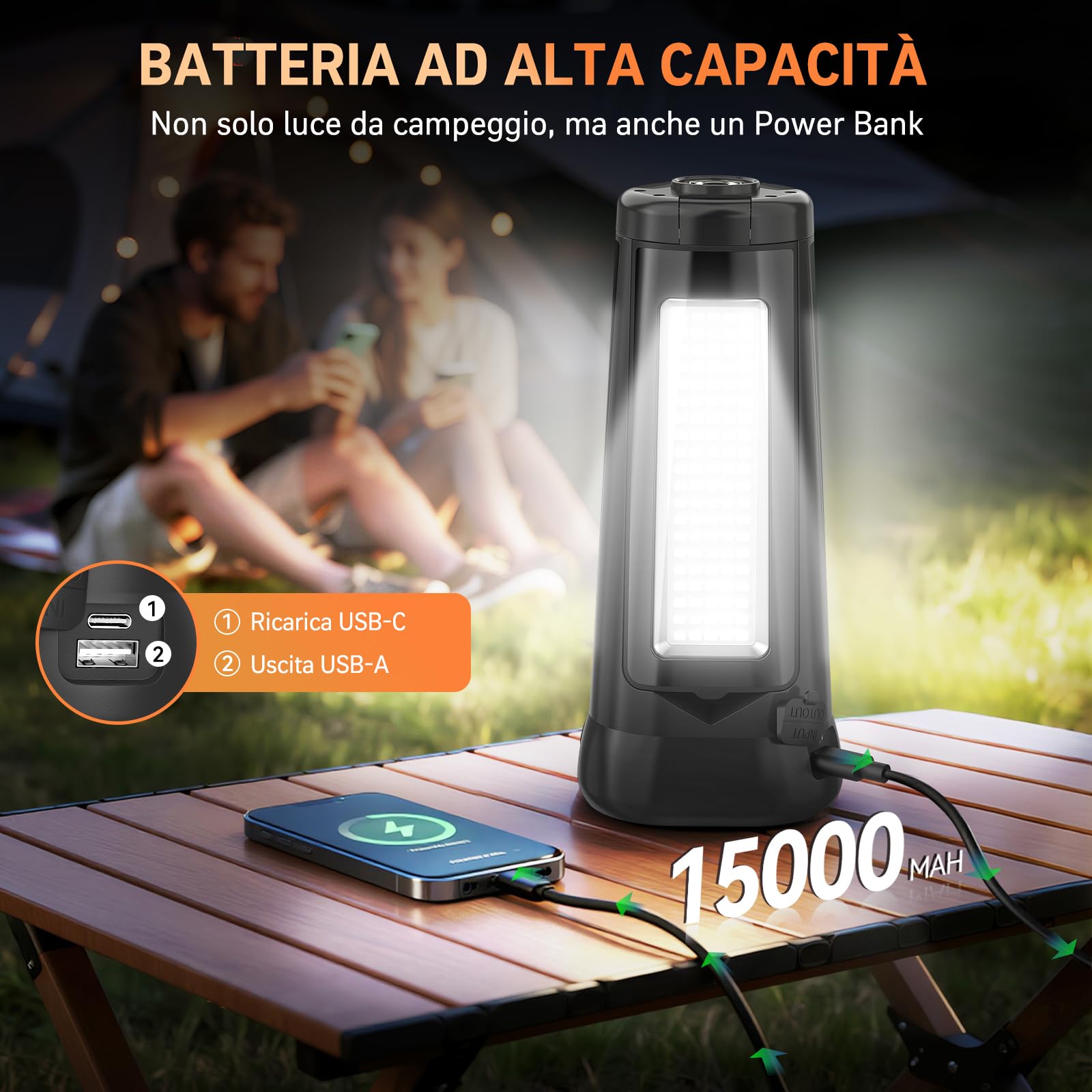 Adewalk 15000 mAh Lampada da Campeggio LED Ricaricabile, 5500LM Lampada da Lavoro con Treppiede, Dimmerabile, Impermeabile IP65, Faretto da Costruzione con 3 Teste per Garage Studio Cantieri