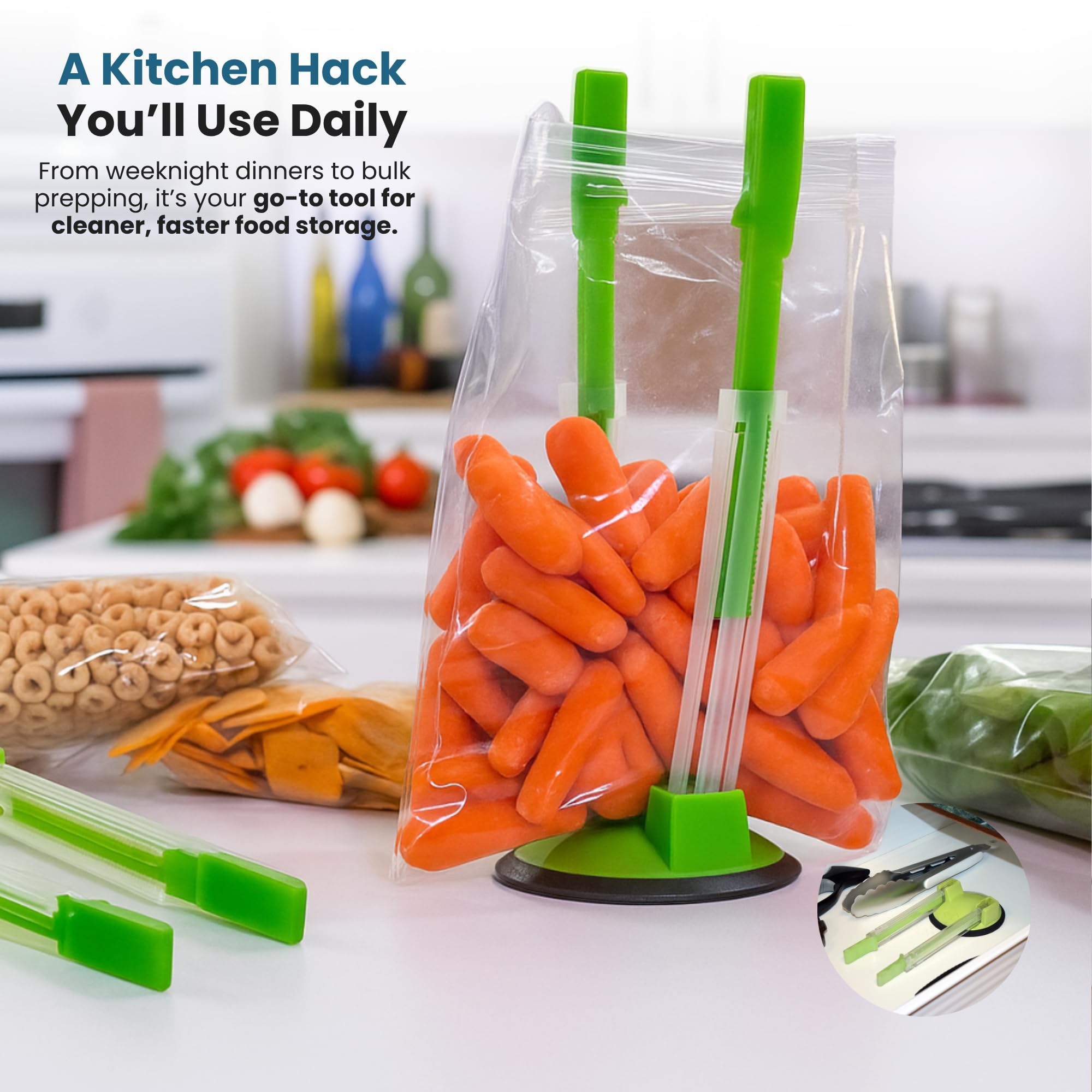 JOKARI Baggy Rack – (6 pezzi) porta sacchetti per sandwich, clip per sacchetti per alimenti sul supporto, miglior apribottiglie per congelatore e conservazione Baggie – ideale per cucina in plastica