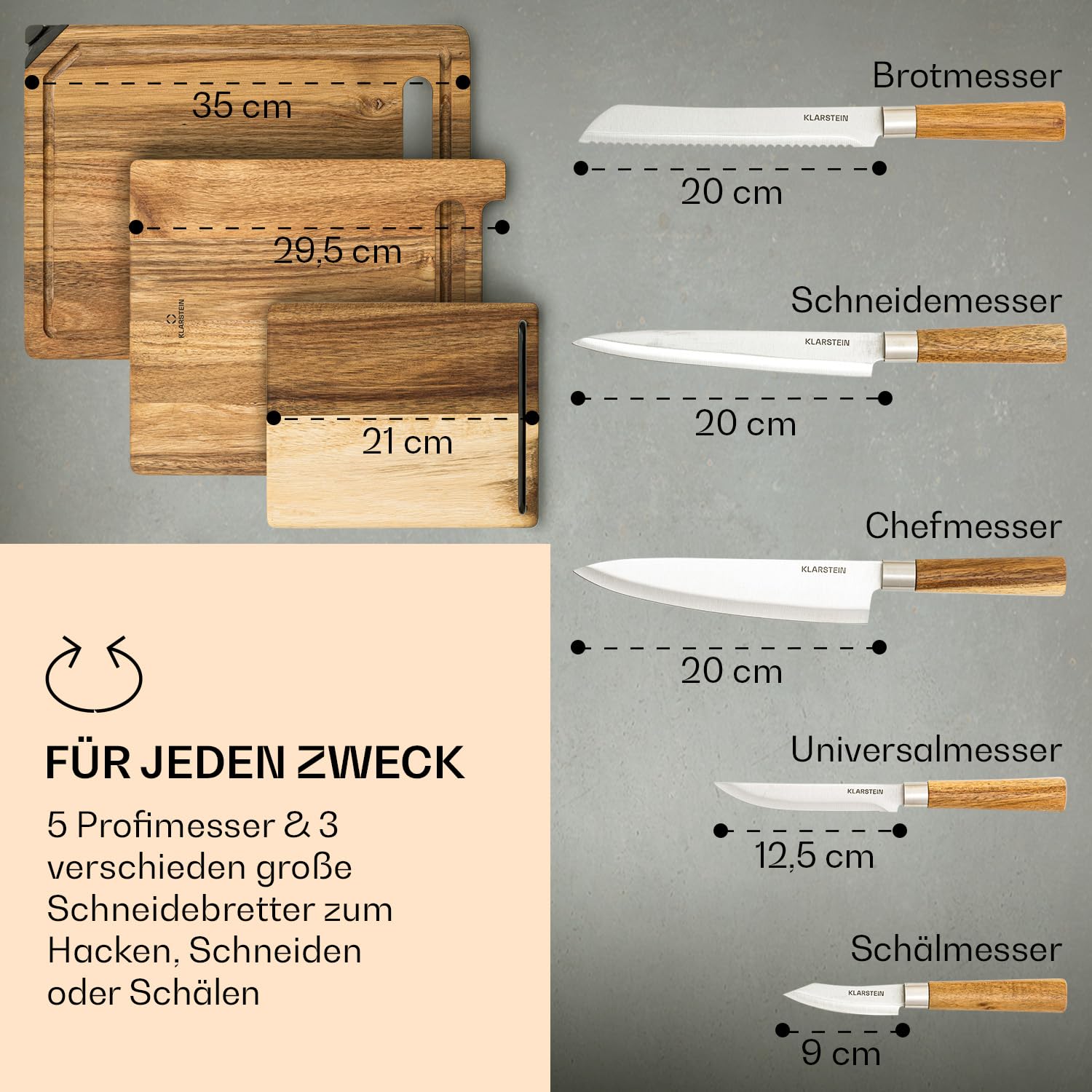 Klarstein Küchenmesser Set mit Messerblock Selbstschärfend, Messerset mit Akazienholz-Messerblock, 5 Scharfe Messer, Kratzfeste Edelstahl-Messer Küchenmesser im Japanischen Stil