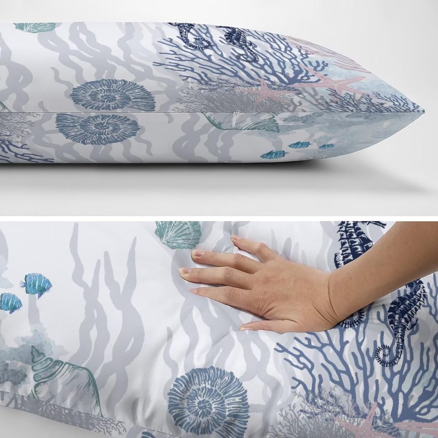 Throw Pillow Cover Nautical Coastal Queen Size Lumbar Pillow Case with Zipper Ocean Coral Seahorse Standard Decorative Pillowcase Beach Themed Cushion Cases for Sofa Couch Bed, 20"x30" - Image 5