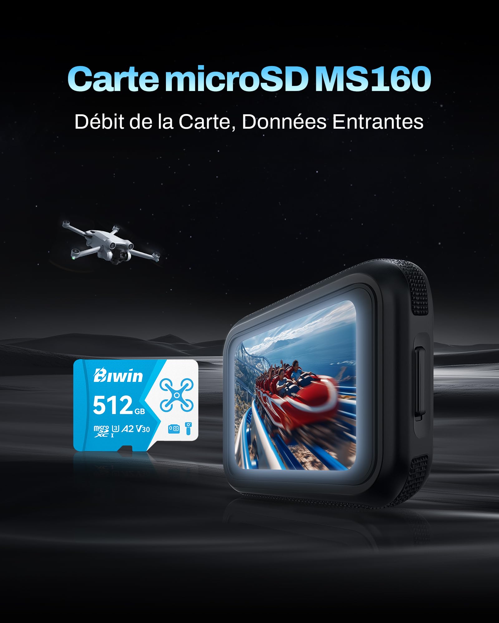 Biwin MS160 Carte Micro SD 512 Go, Carte Micro SDXC pour Nintendo Switch, UHS-I U3/V30 A2, jusqu'à 160 Mo/s, Carte mémoire Haute Vitesse pour NS Gaming/GoPro/Dash Cam/Action Camera