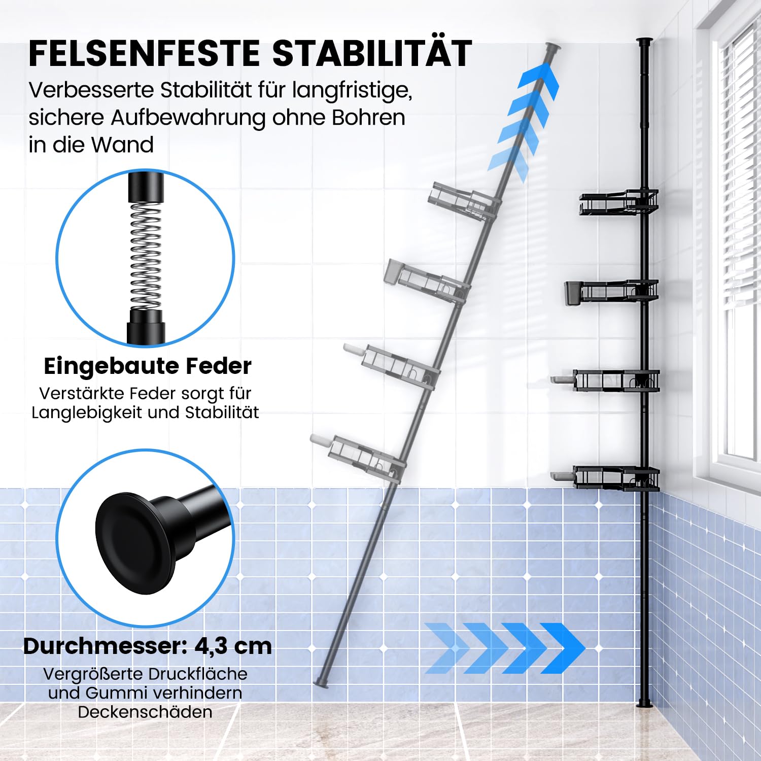 FINIBO Teleskop Duschregal Ohne Bohren, Teleskopregal Bad Duschablage mit 4 Dusche Eckregal, 43.5-120 inch Adjustable Teleskop Badregal Teleskope Regal Badezimmer für Bad Dusche Schwarz